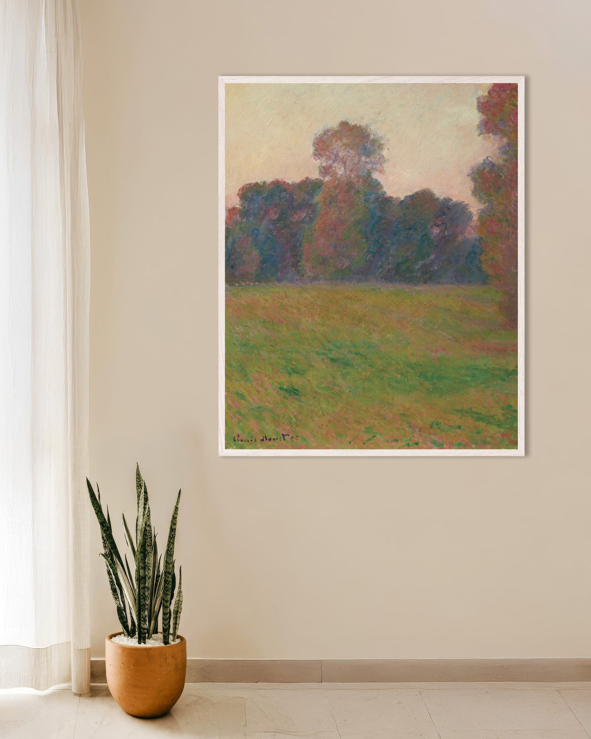 Poster Wiese in Giverny (1886) von Claude Monet mit weißem Holzrahmen