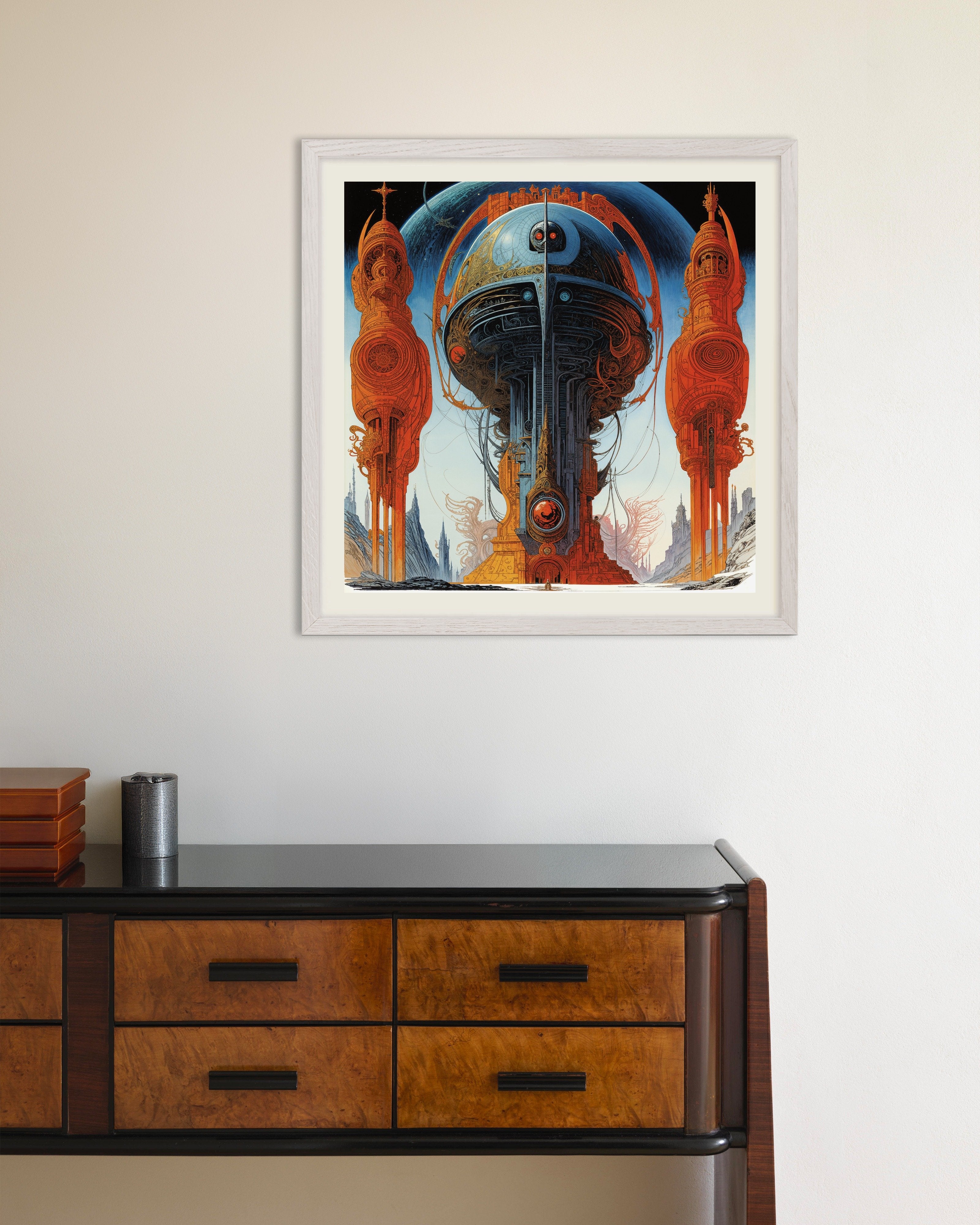 Poster of Mega Caryatids Sci‑Fi Architecture Art Print, with white wooden frame