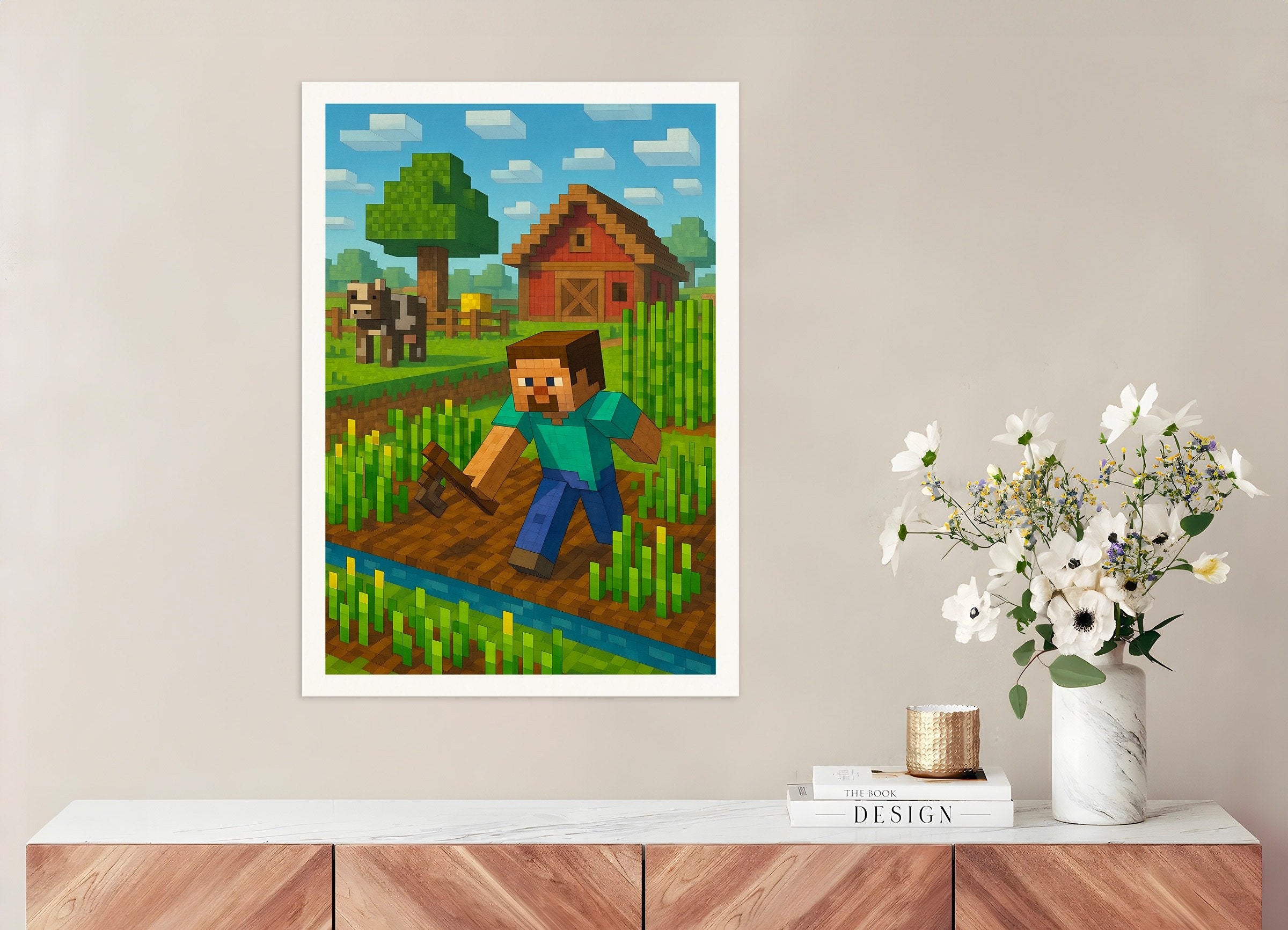 Poster of Minecraft Farm Scene – fields, barn & crops poster