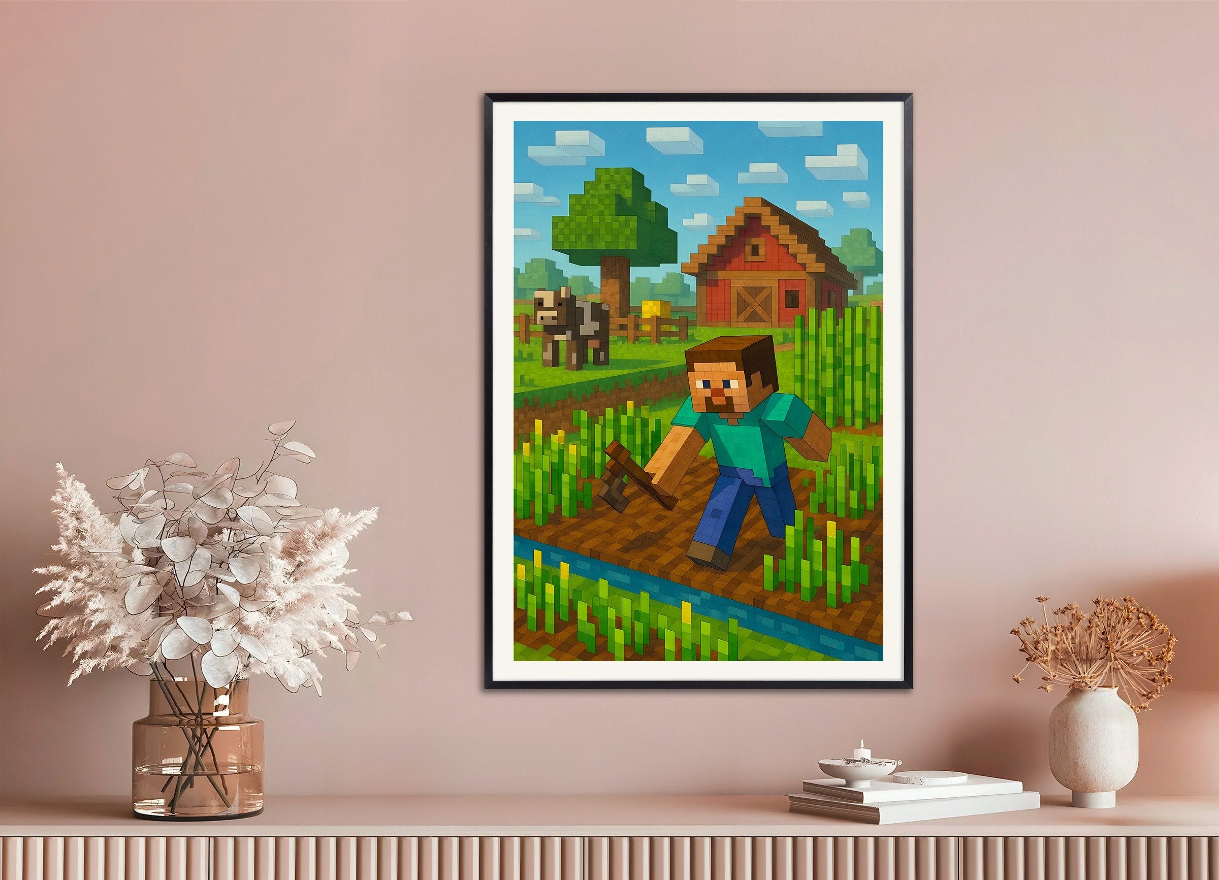 Poster of Minecraft Farm Scene – fields, barn & crops poster, with metal frame