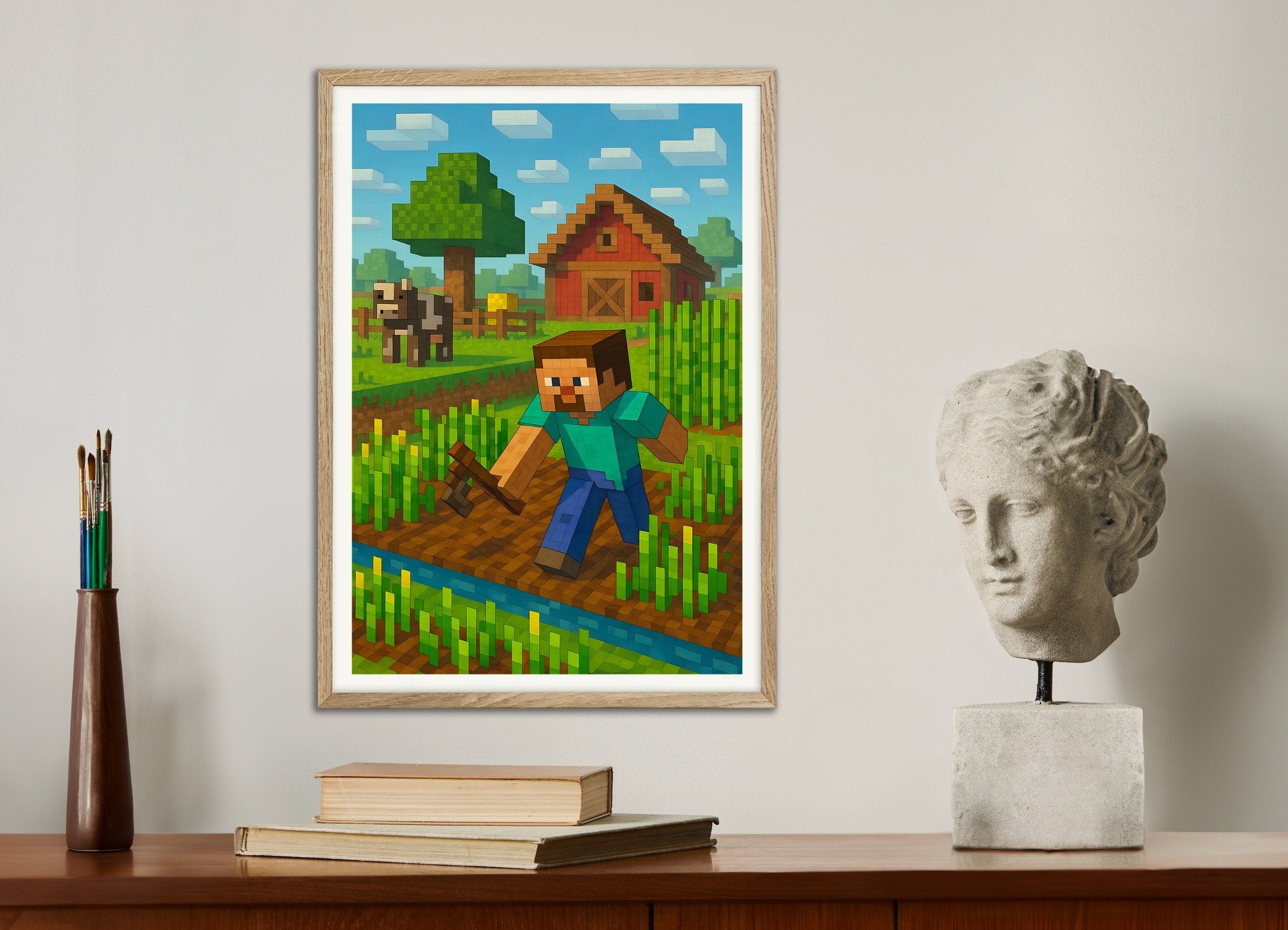 Poster of Minecraft Farm Scene – fields, barn & crops poster, with natural wooden frame