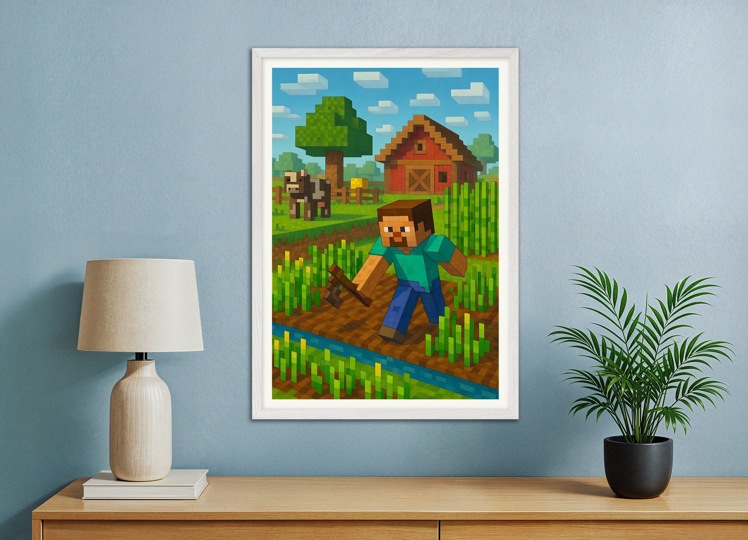 Poster of Minecraft Farm Scene – fields, barn & crops poster, with white wooden frame