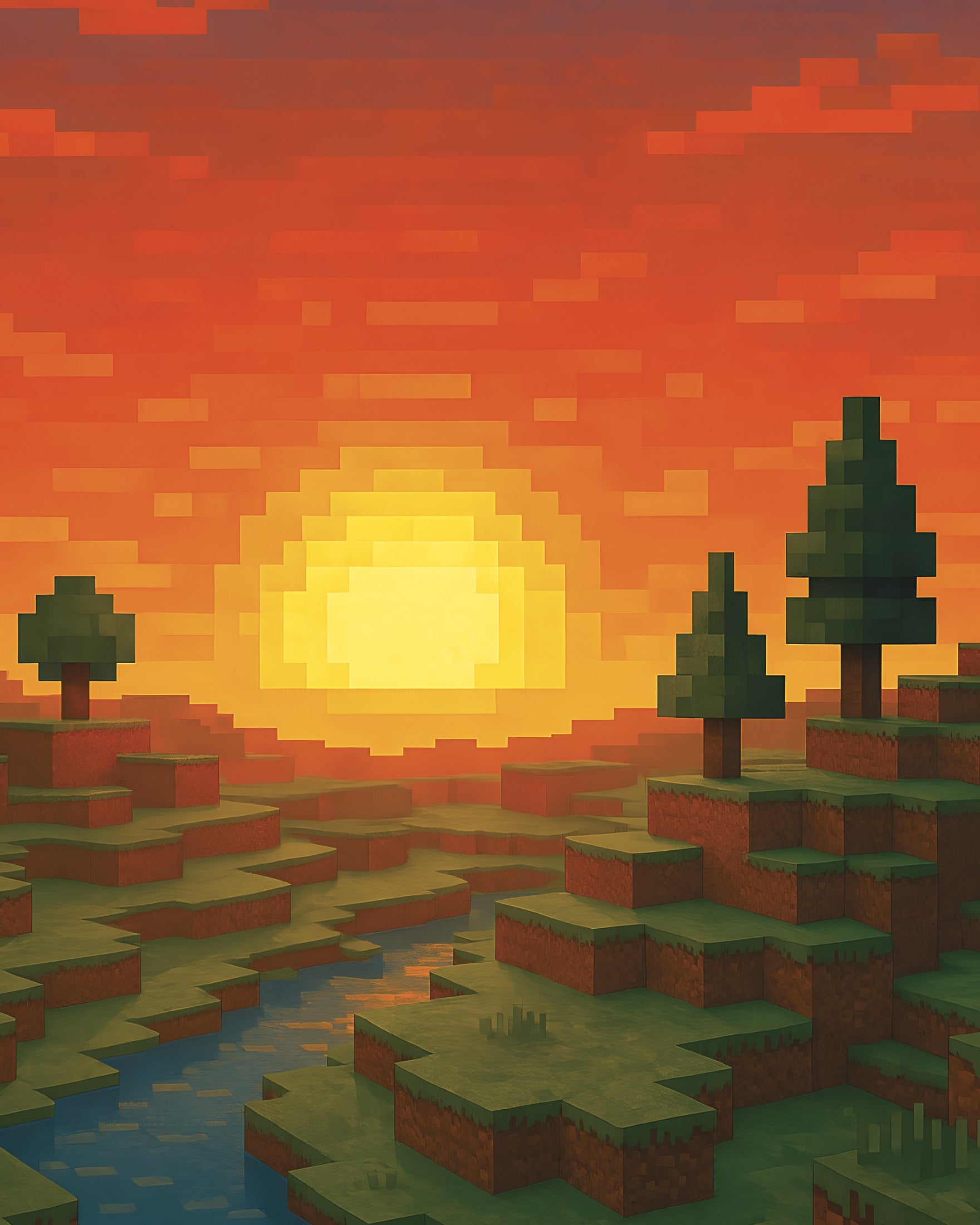 Minecraft Sonnenuntergang – Pixel-Art-Fanposter mit Fluss und Bäumen