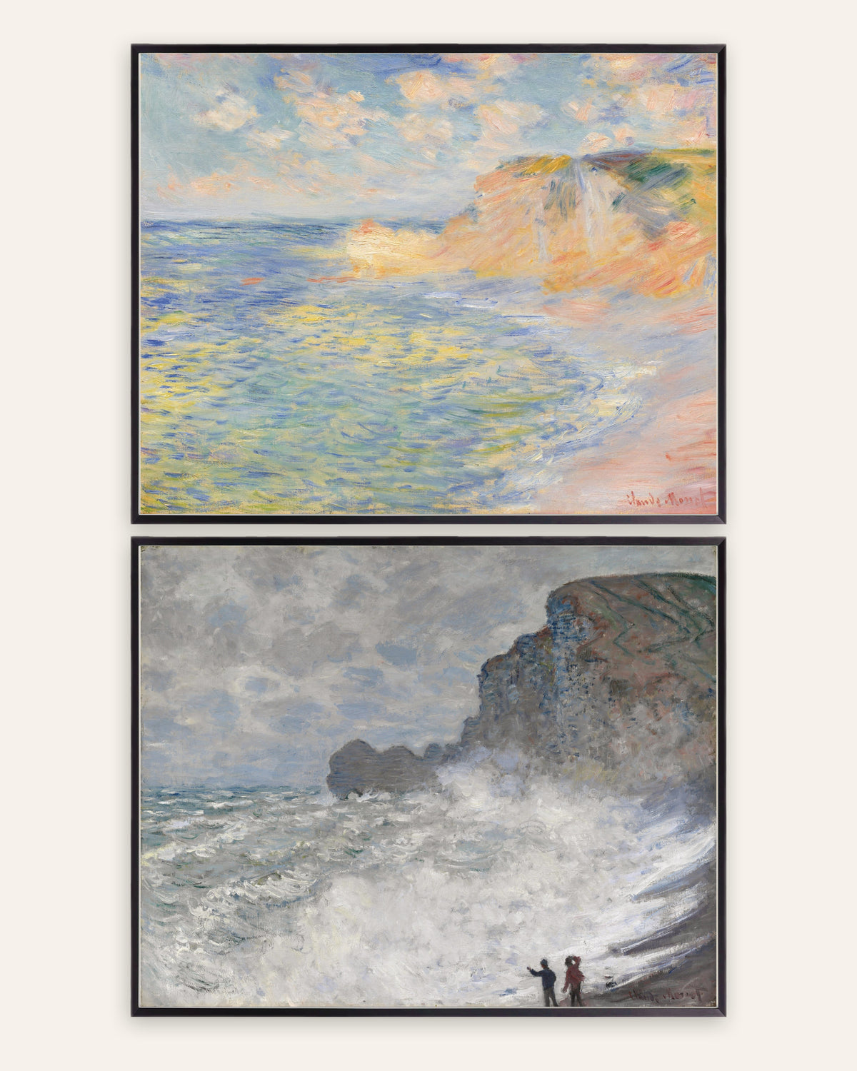 Monet Étretat Poster 2er-Set: Falaise d’Amont und stürmisches Wetter, in schwarzen Metallrahmen