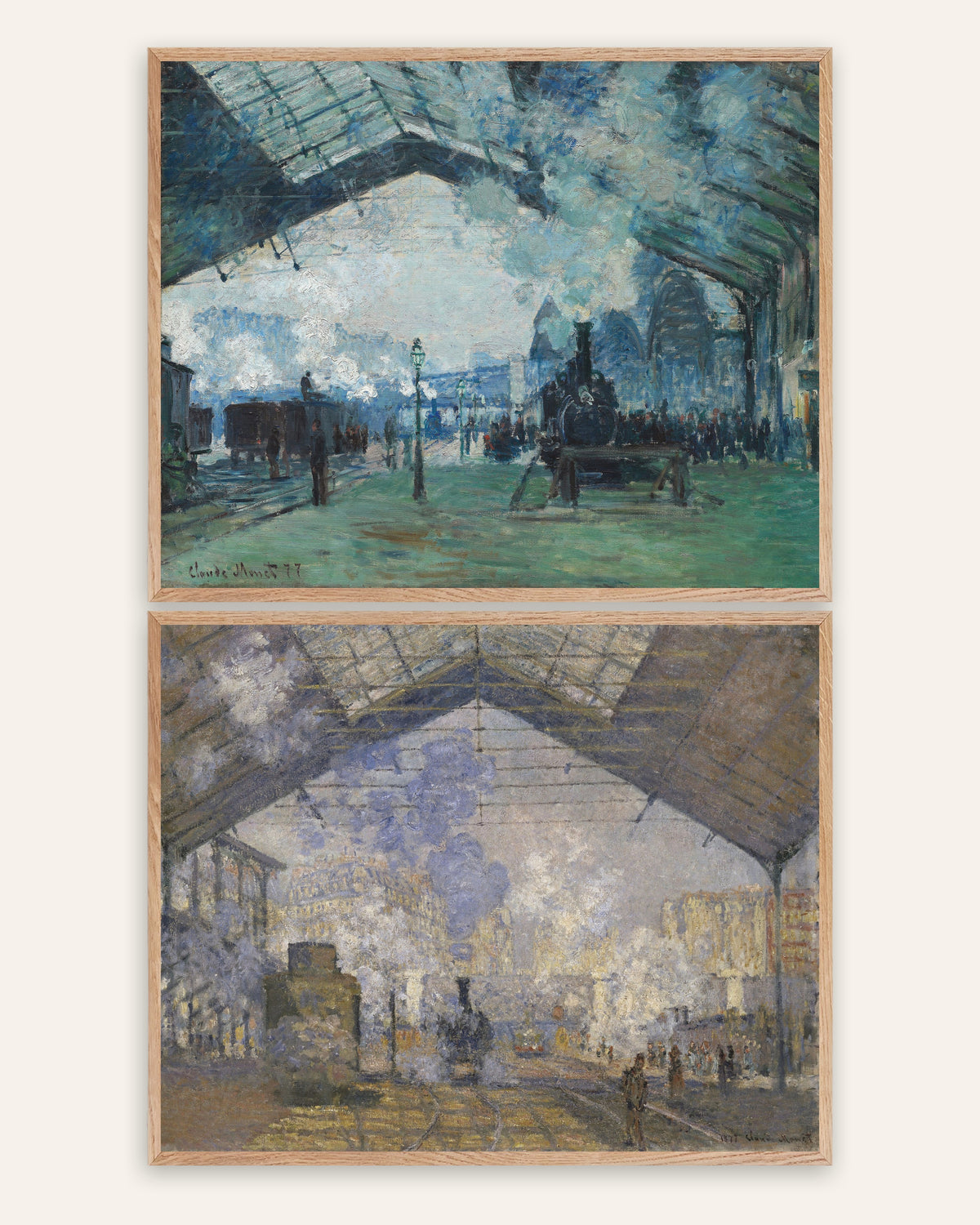 Monet Gare Saint-Lazare Poster 2er-Set: Dampf und Züge, in Rahmen aus Natureiche