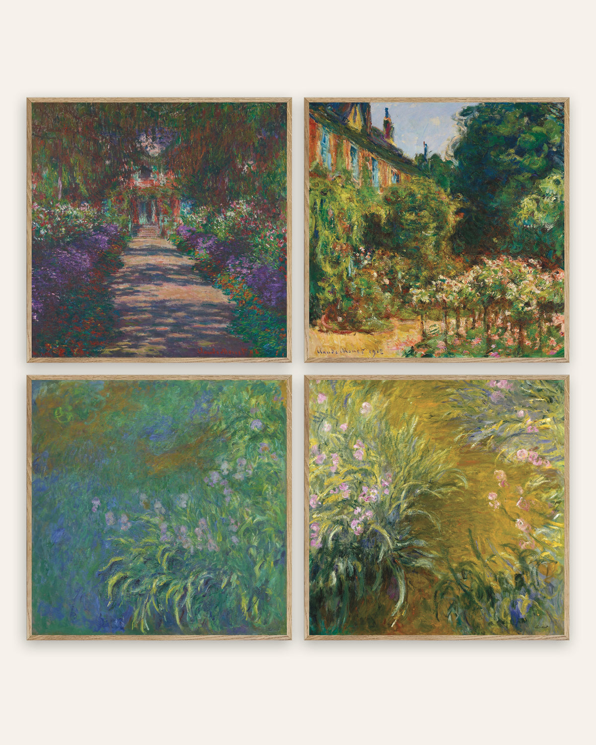 Monet Garten von Giverny Poster 4er-Set: Allee, Haus und Schwertlilien, in Rahmen aus Natureiche