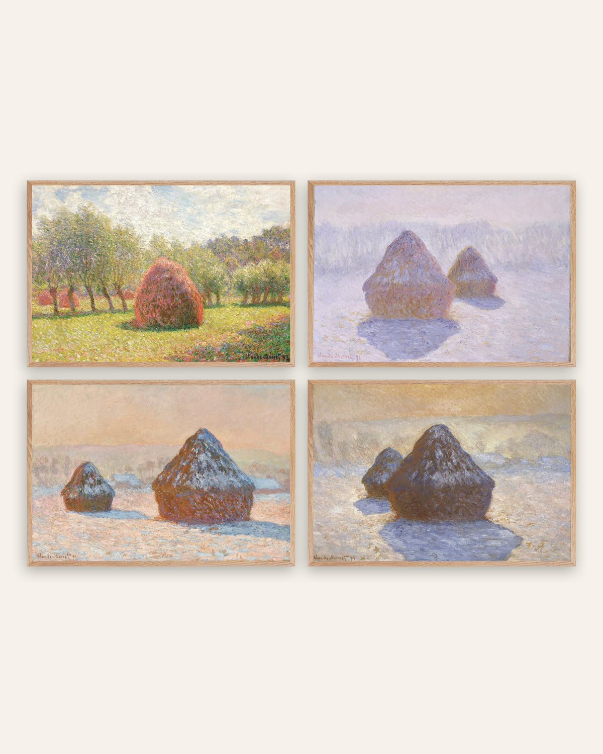 Monet Getreideschober Poster 4er-Set: vom Sommer bis zum Schnee, in Rahmen aus Natureiche