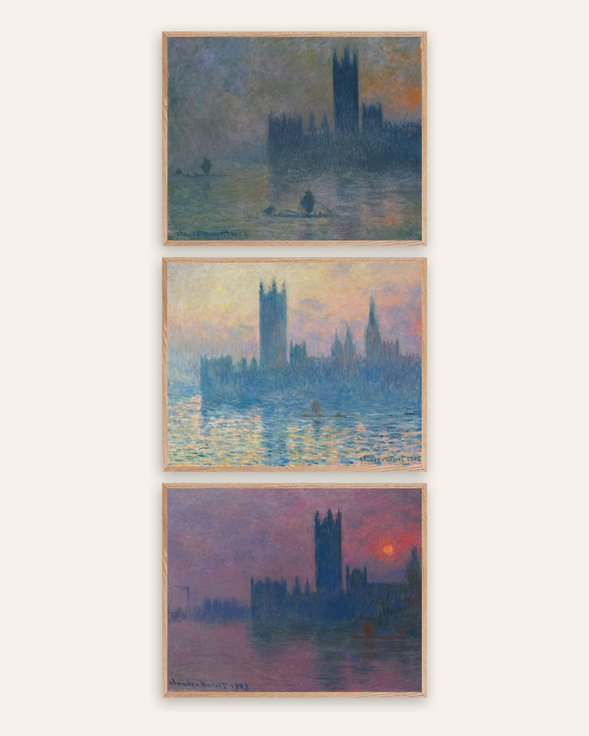 Monet Parlament London Poster 3er-Set: Nebel und Sonnenuntergang, in Rahmen aus Natureiche