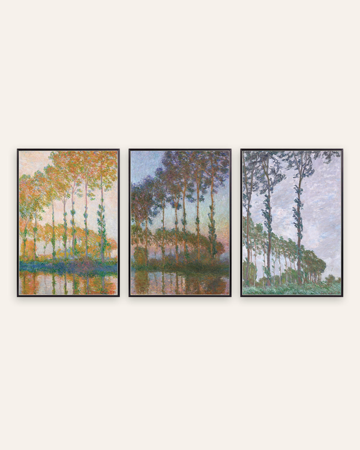 Monet Pappeln Poster 3er-Set: Herbst, Abenddämmerung und Wind, in schwarzen Metallrahmen