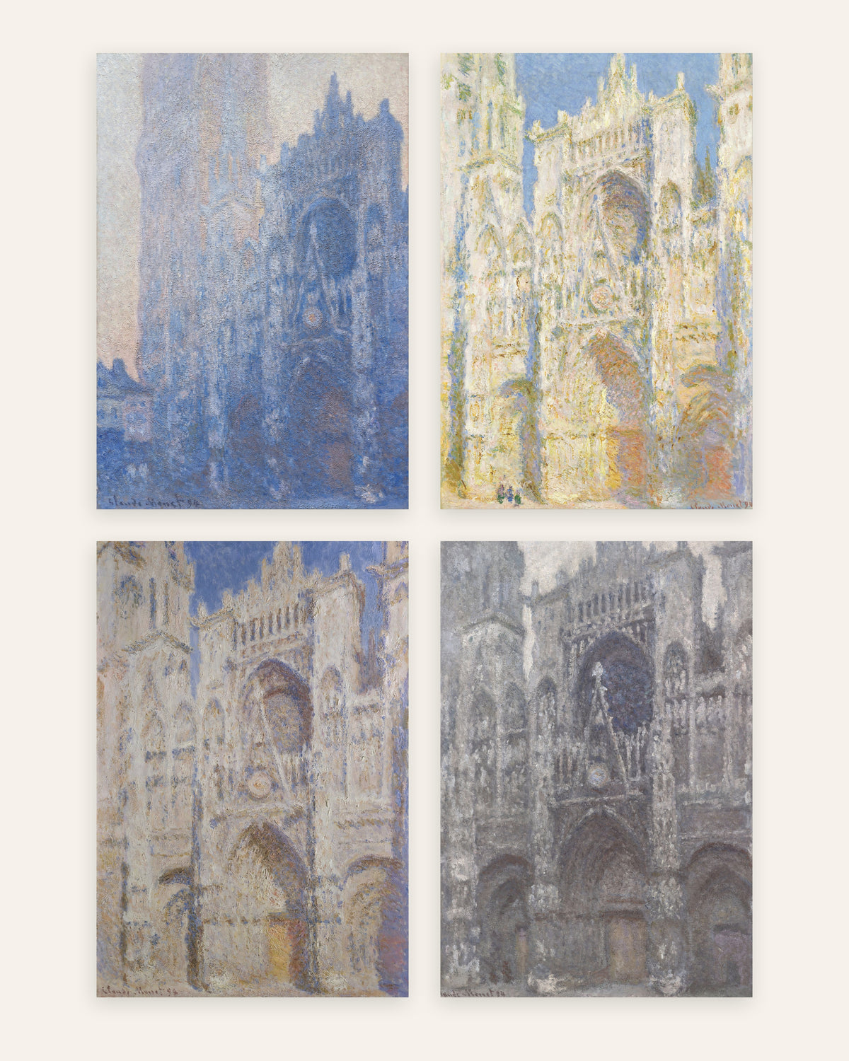 Monet Kathedrale von Rouen Poster 4er-Set: vom Morgen bis zum grauen Wetter, ohne Rahmen