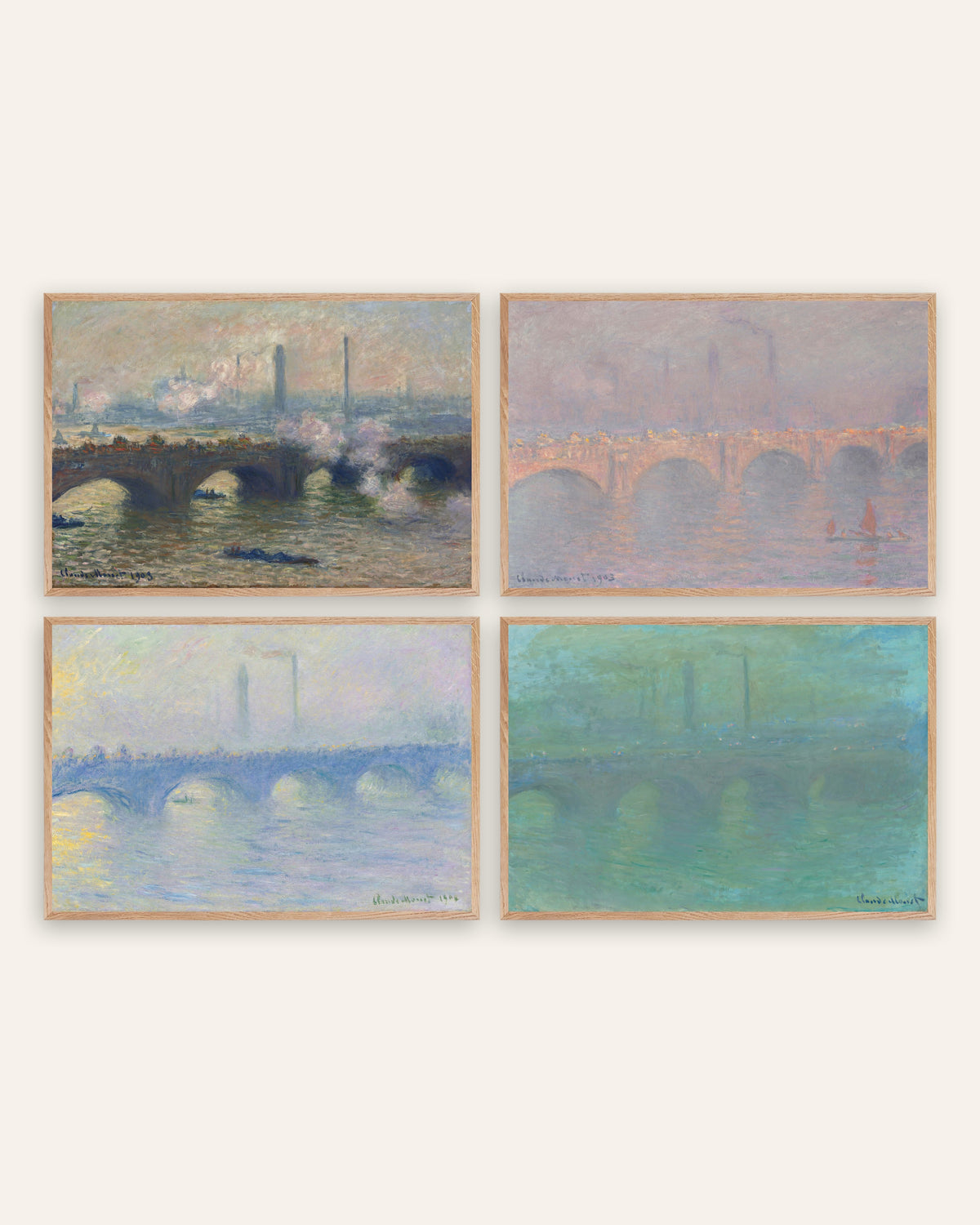 Monet Waterloo Bridge Poster 4er-Set: grauer Tag, Sonne, Nebel und Dämmerung, in Rahmen aus Natureiche