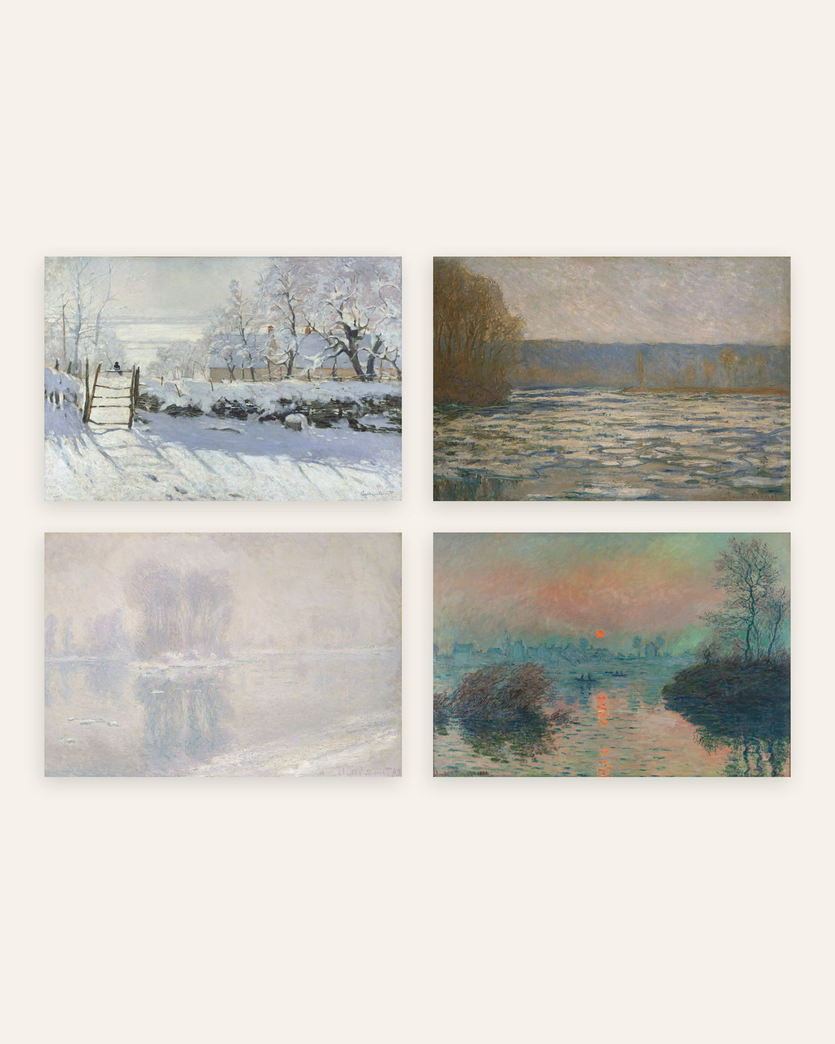 Monet Winter Poster 4er-Set: Die Elster, Eis und Wintersonne, ohne Rahmen