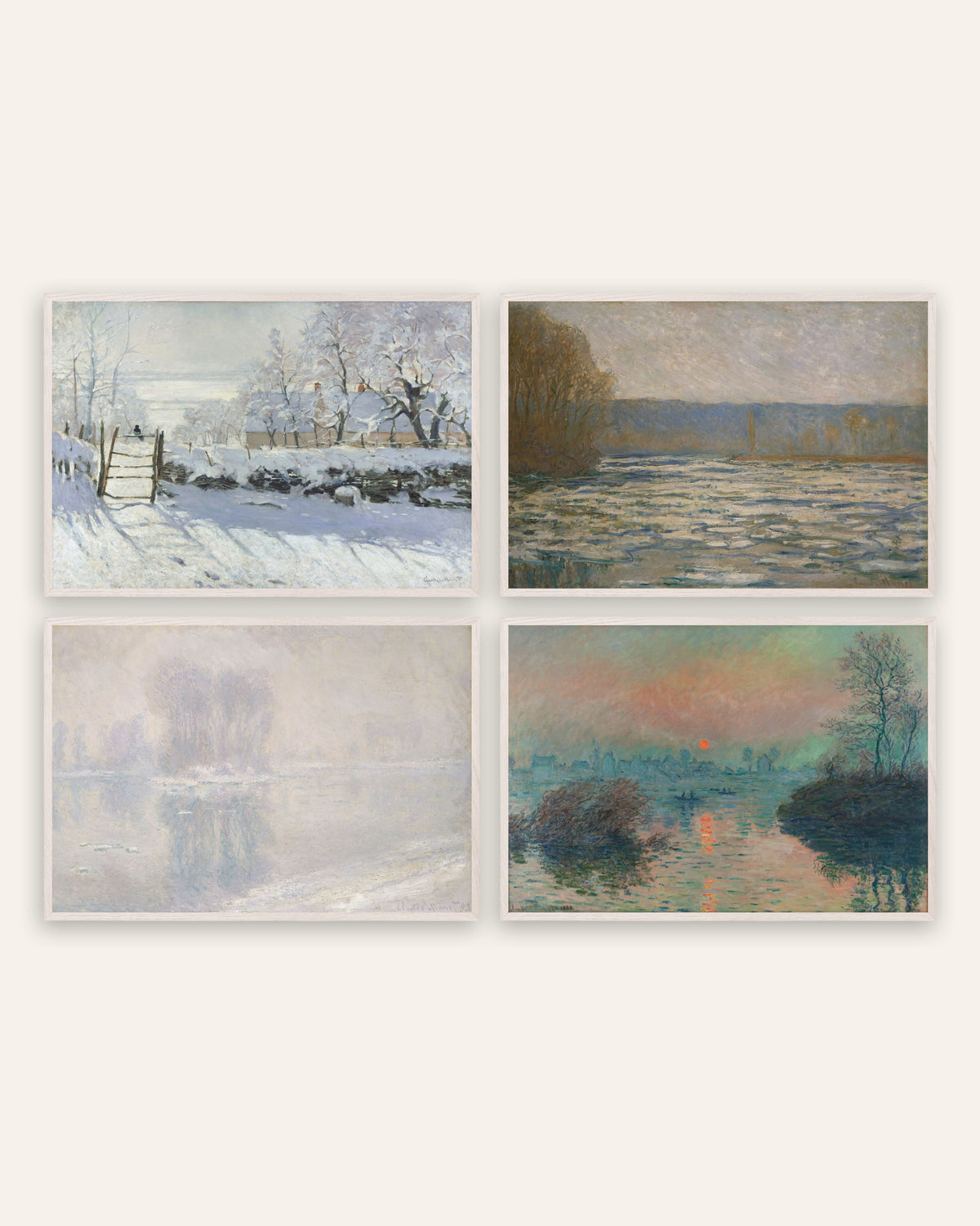 Monet Winter Poster 4er-Set: Die Elster, Eis und Wintersonne, in weißen Eichenrahmen