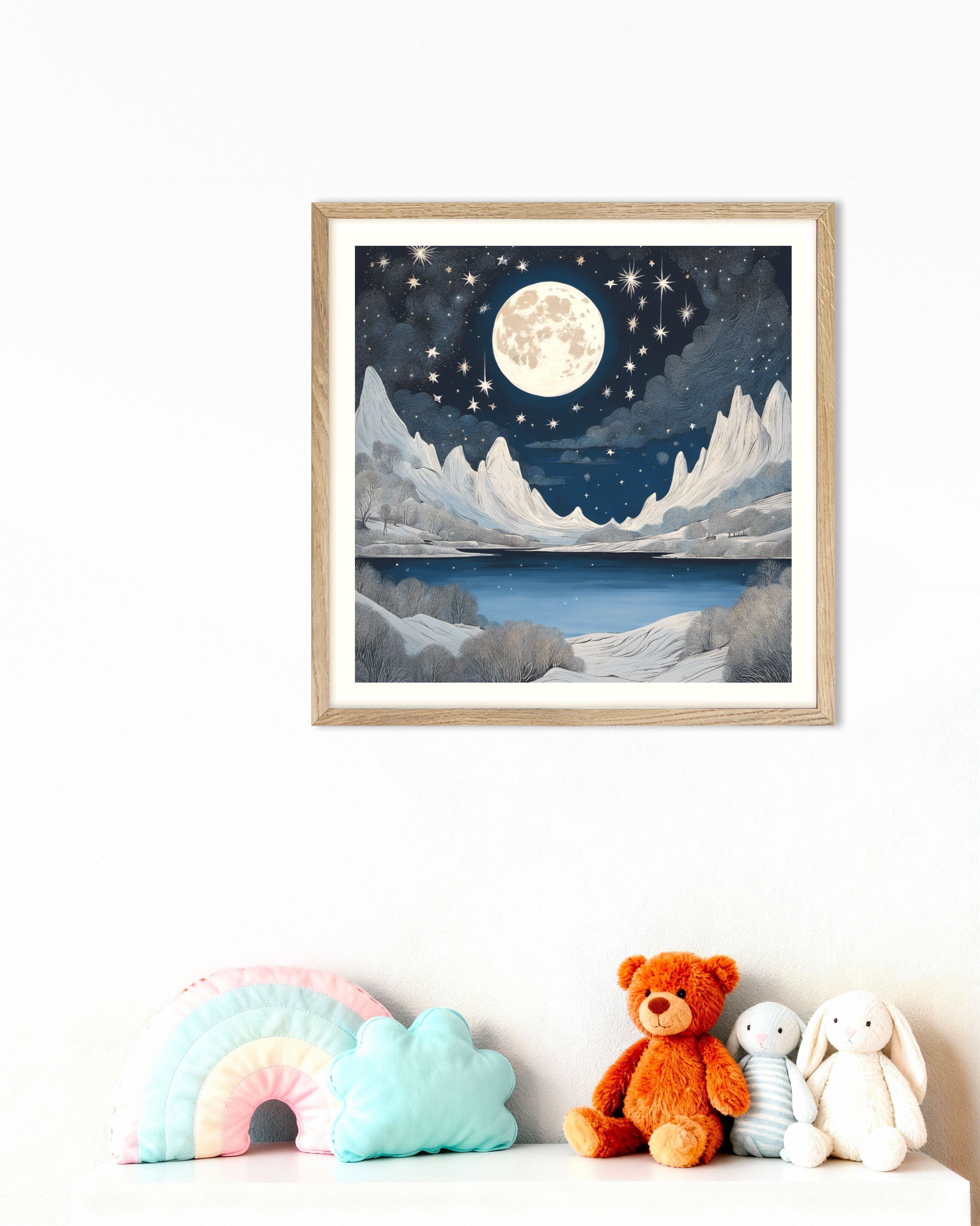 Poster of Moomins, Moon and starry sky - Poster, with natural wooden frame