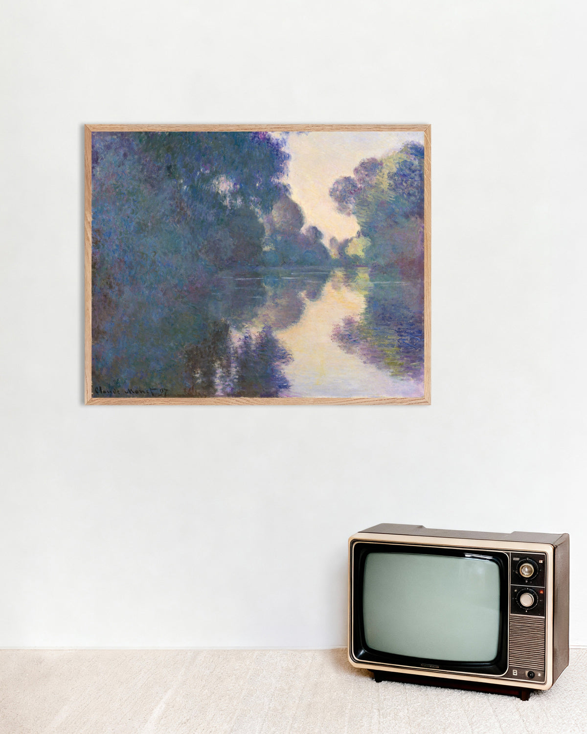 Poster Morgen an der Seine bei Giverny (1897) von Claude Monet mit naturfarbenem Holzrahmen