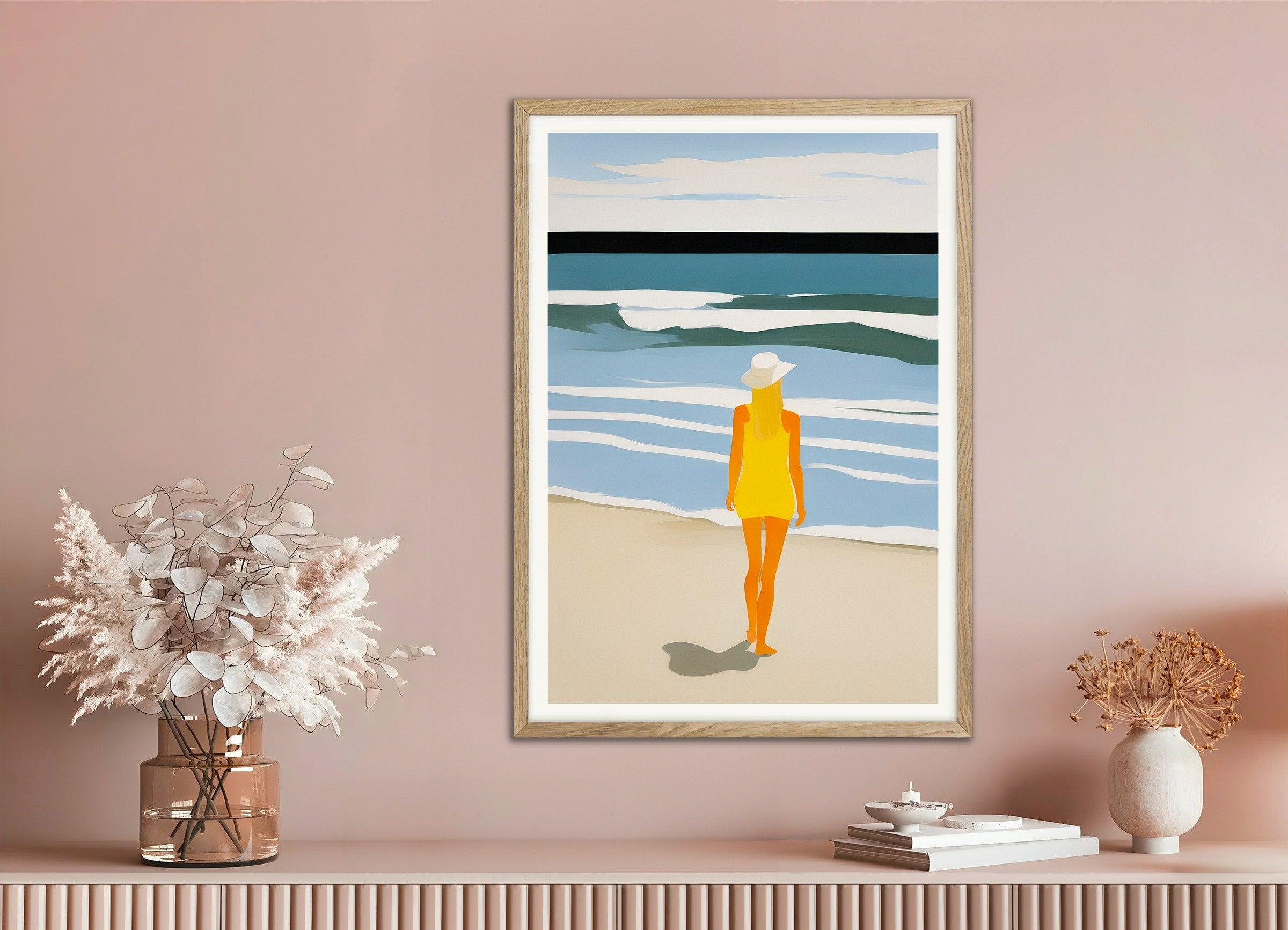 Poster of Nastya Beach Portrait - Sunny Yellow Coastal Art Print, with natural wooden frame