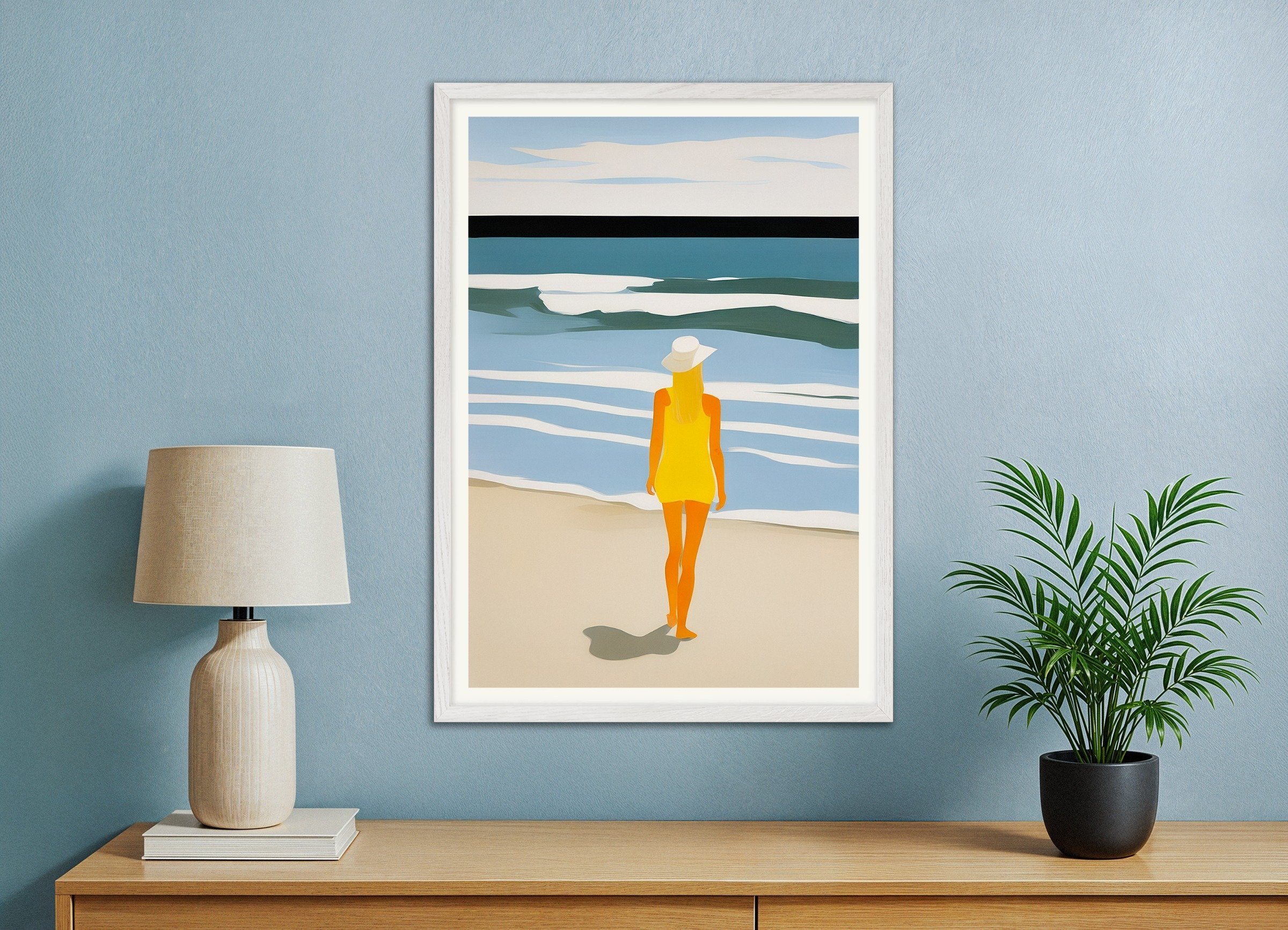 Poster of Nastya Beach Portrait - Sunny Yellow Coastal Art Print, with white wooden frame