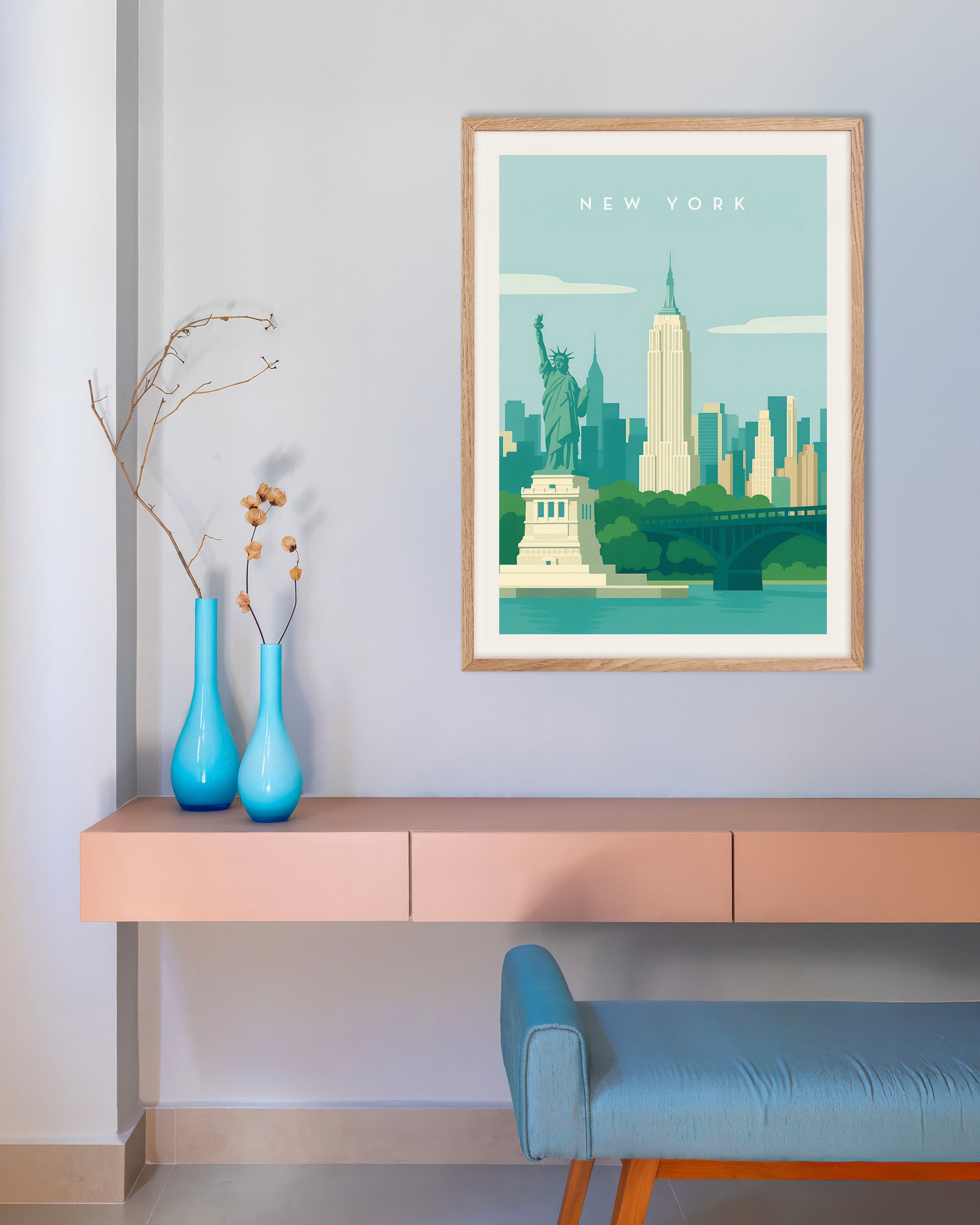 Poster of New York City Wall Art Print, with natural wooden frame