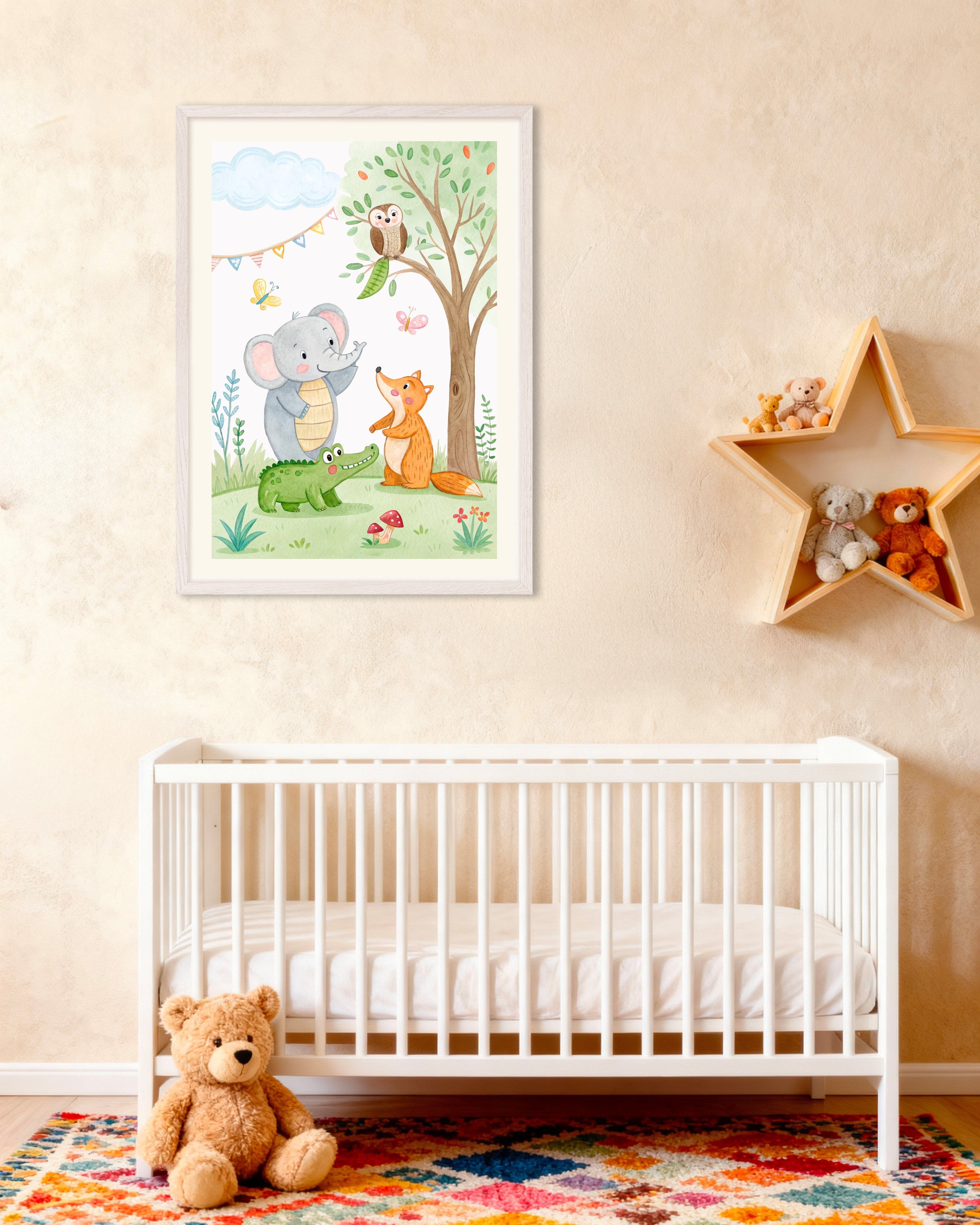 Poster of Nursery Birthday Poster - Wall Art Decor with cute animals, with white wooden frame