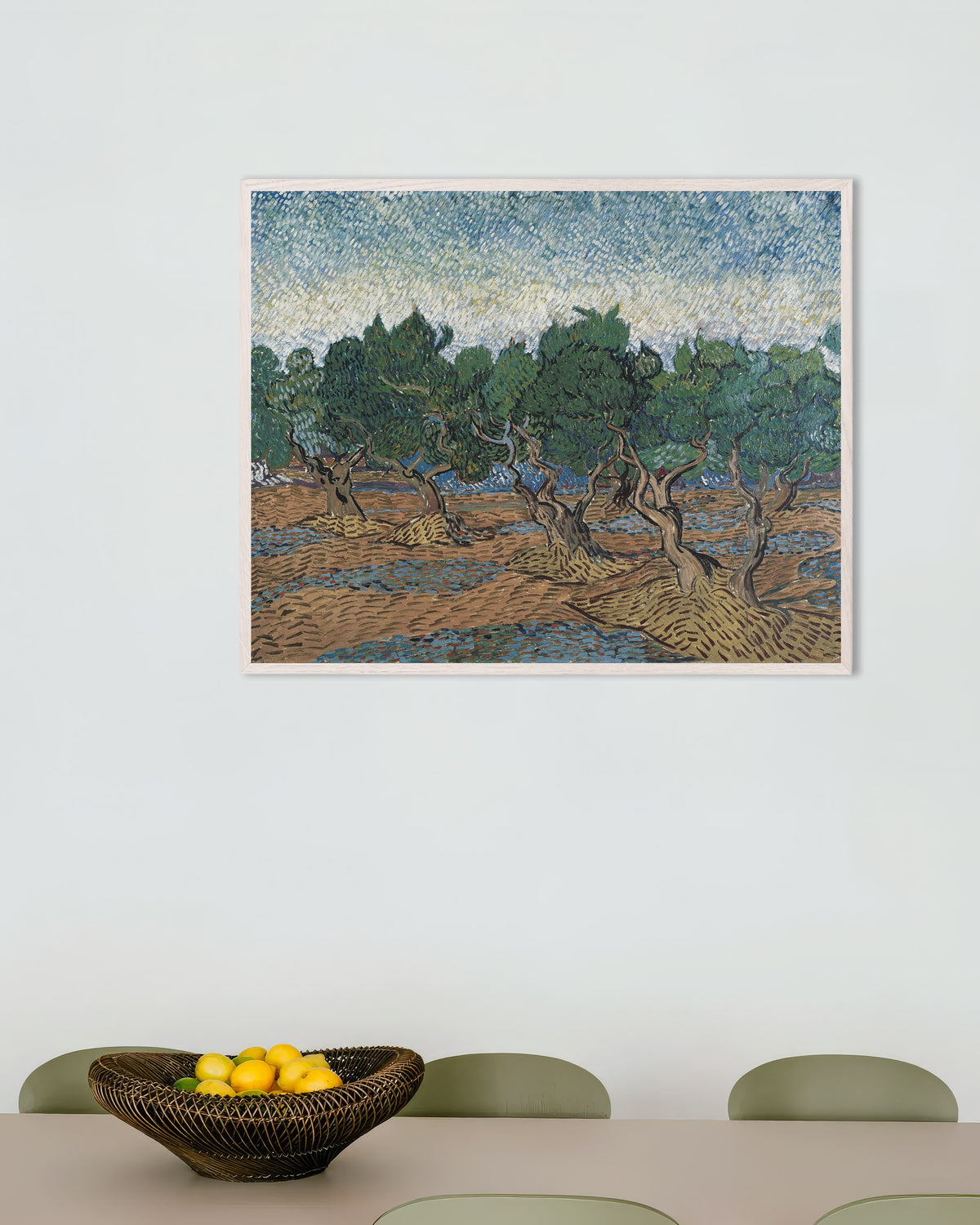 Poster „Olivenhain (1889) von Vincent van Gogh“ mit weißem Holzrahmen