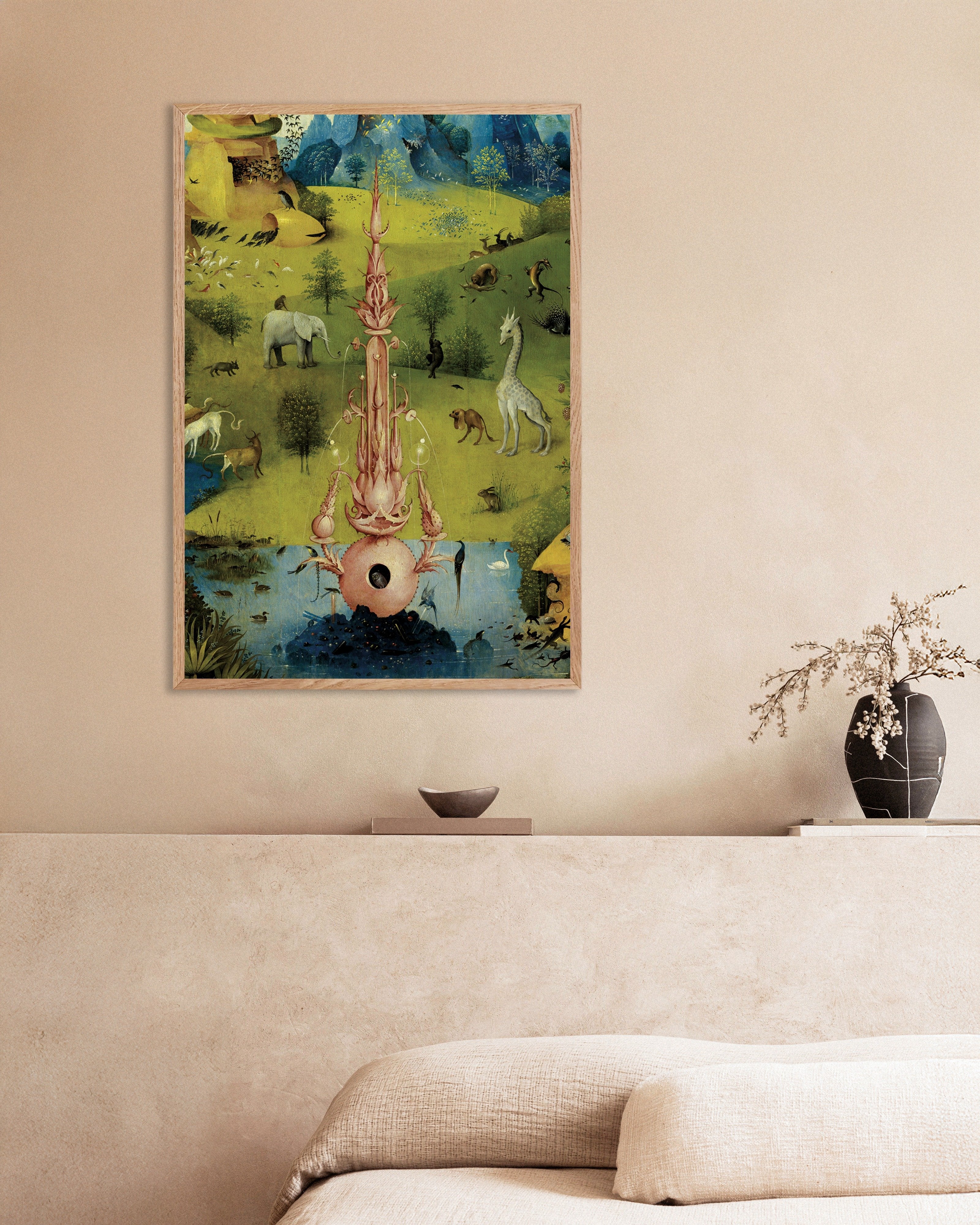 Poster of Pink fountain and animals - Detail from The Garden of Earthly Delights, with natural wooden frame