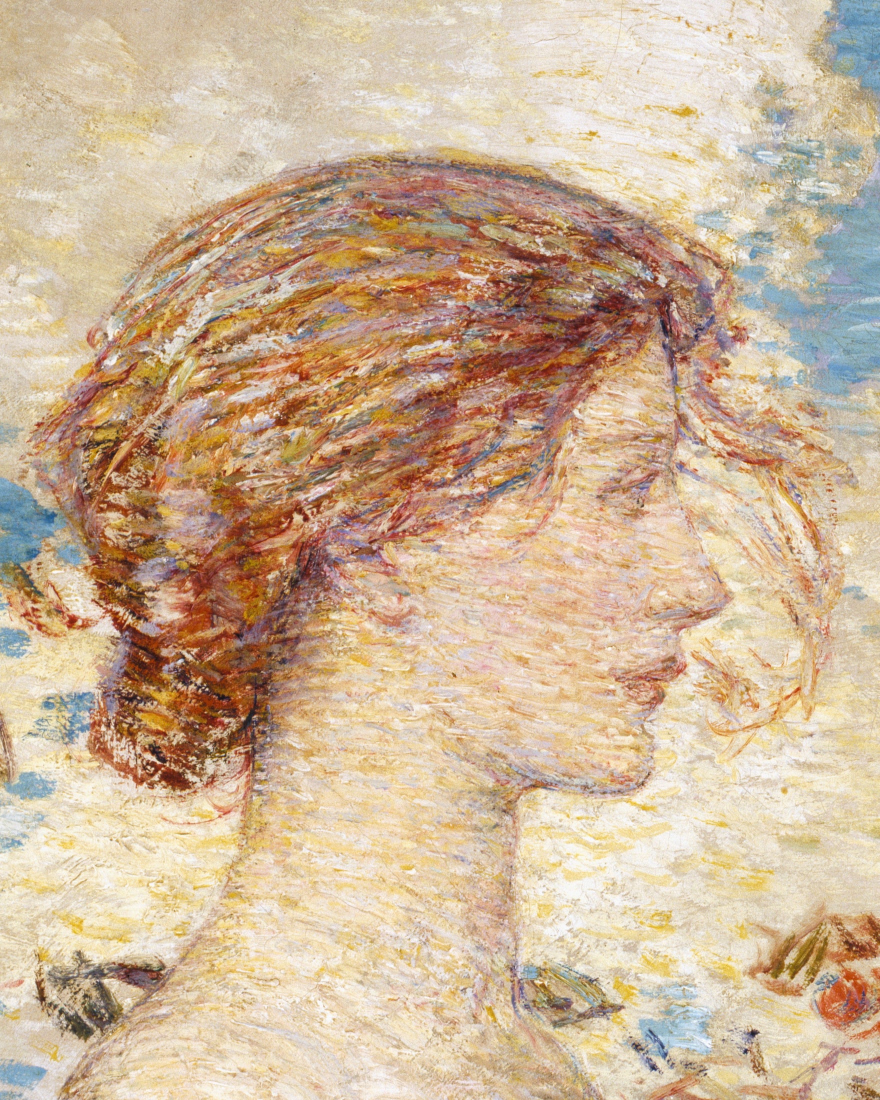 Pomona by frederick hassam: detail. Artistic depiction of a woman's profile with textured background