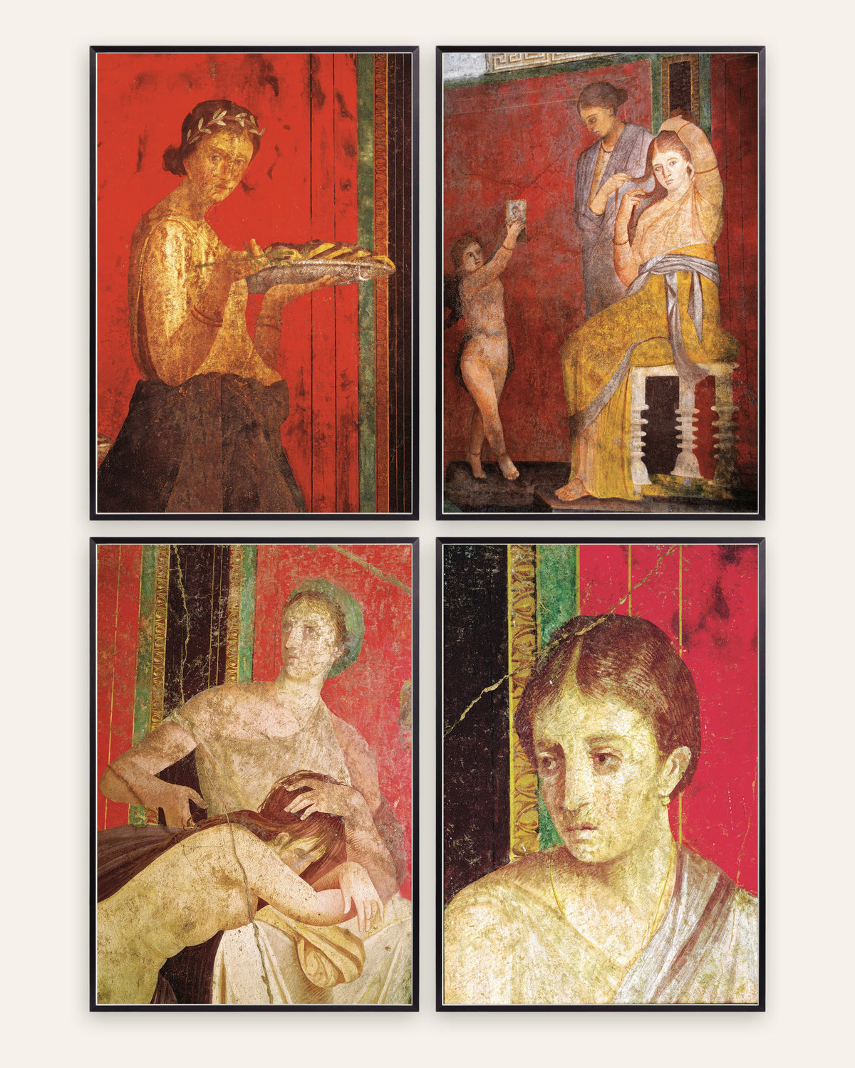 Römische Fresken Poster, 4er-Set: Mysterienvilla in Pompeji, in schwarzen Metallrahmen