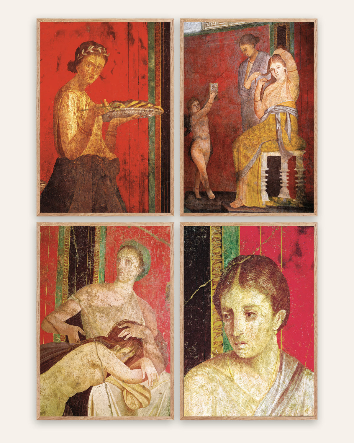 Römische Fresken Poster, 4er-Set: Mysterienvilla in Pompeji, in Rahmen aus Natureiche