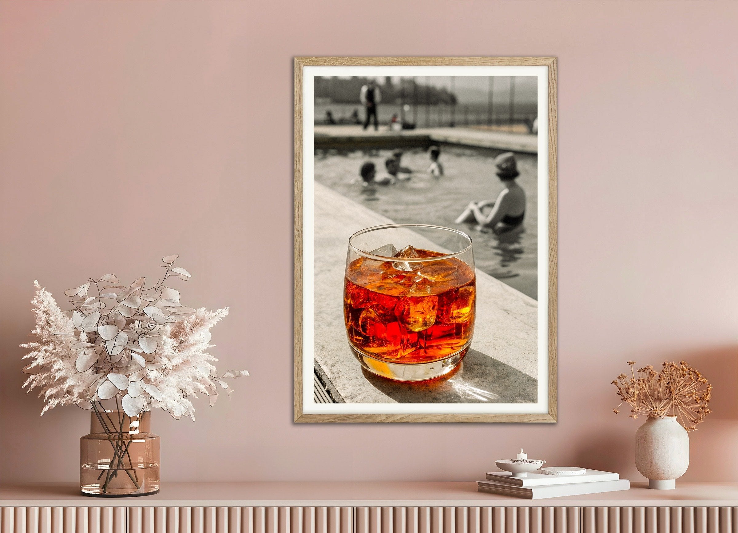 Poster of Poolside Cocktail Poster, with natural wooden frame