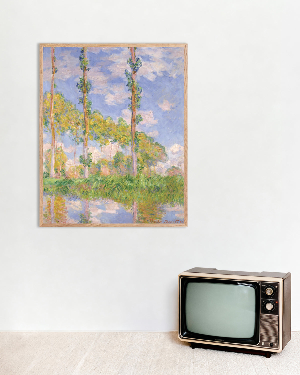Poster Pappeln in der Sonne (1891) von Claude Monet mit naturfarbenem Holzrahmen