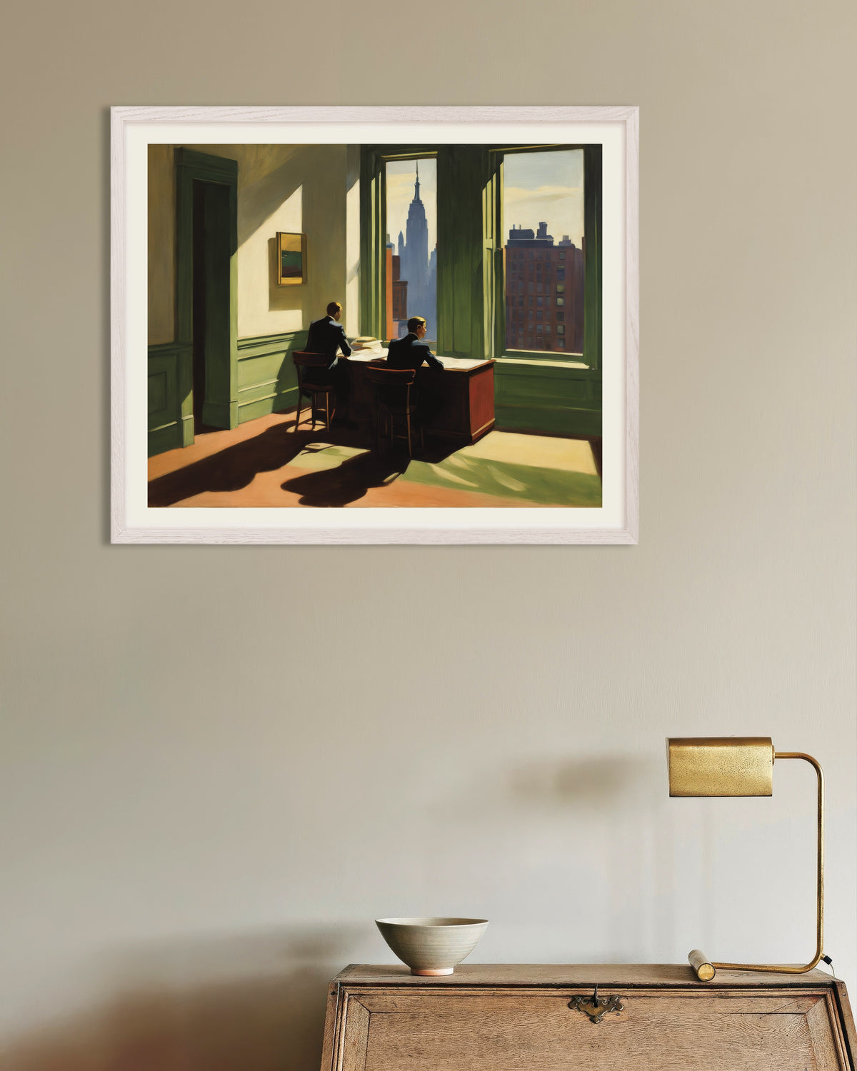 Poster mit dem Motiv „Realistische amerikanische Malerei des 20. Jahrhunderts“, Poster mit weißem Holzrahmen