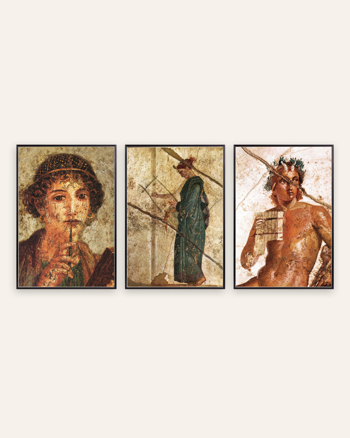 Römische Fresken Poster, 3er-Set: Poesie und Musik, Sappho, Lyra und Pan, in schwarzen Metallrahmen