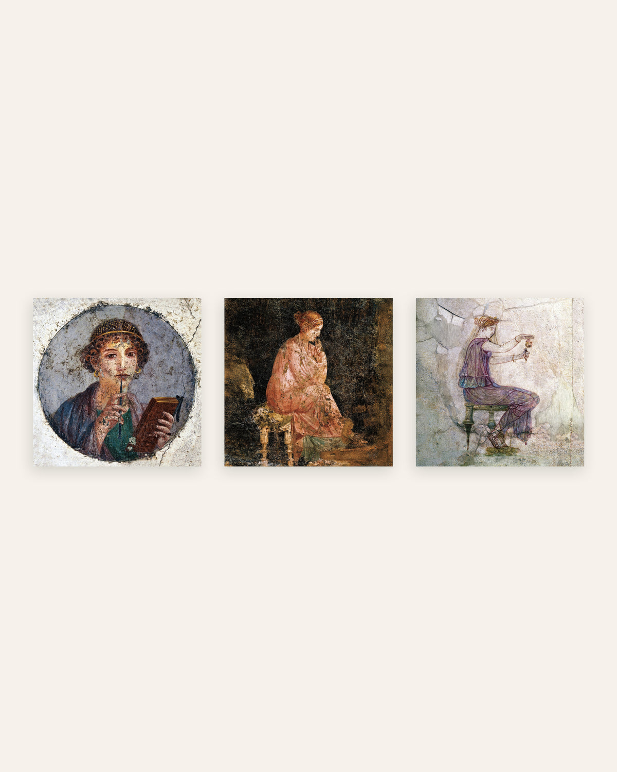 Römische Fresken Poster, 3er-Set: Sappho, sitzende Frau und Parfüm, ohne Rahmen