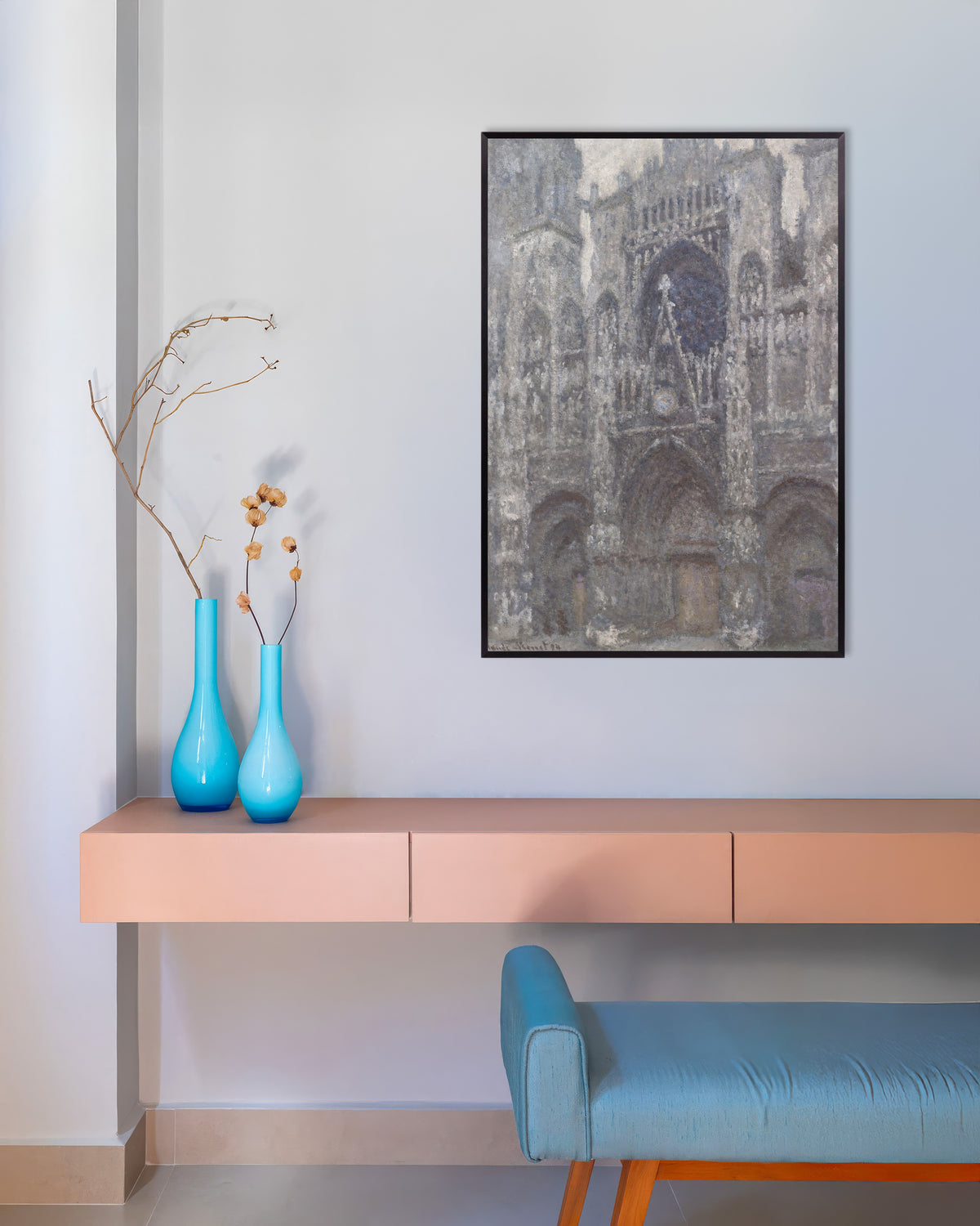 Poster Die Kathedrale von Rouen, das Portal bei grauem Wetter (1892) von Claude Monet mit Metallrahmen