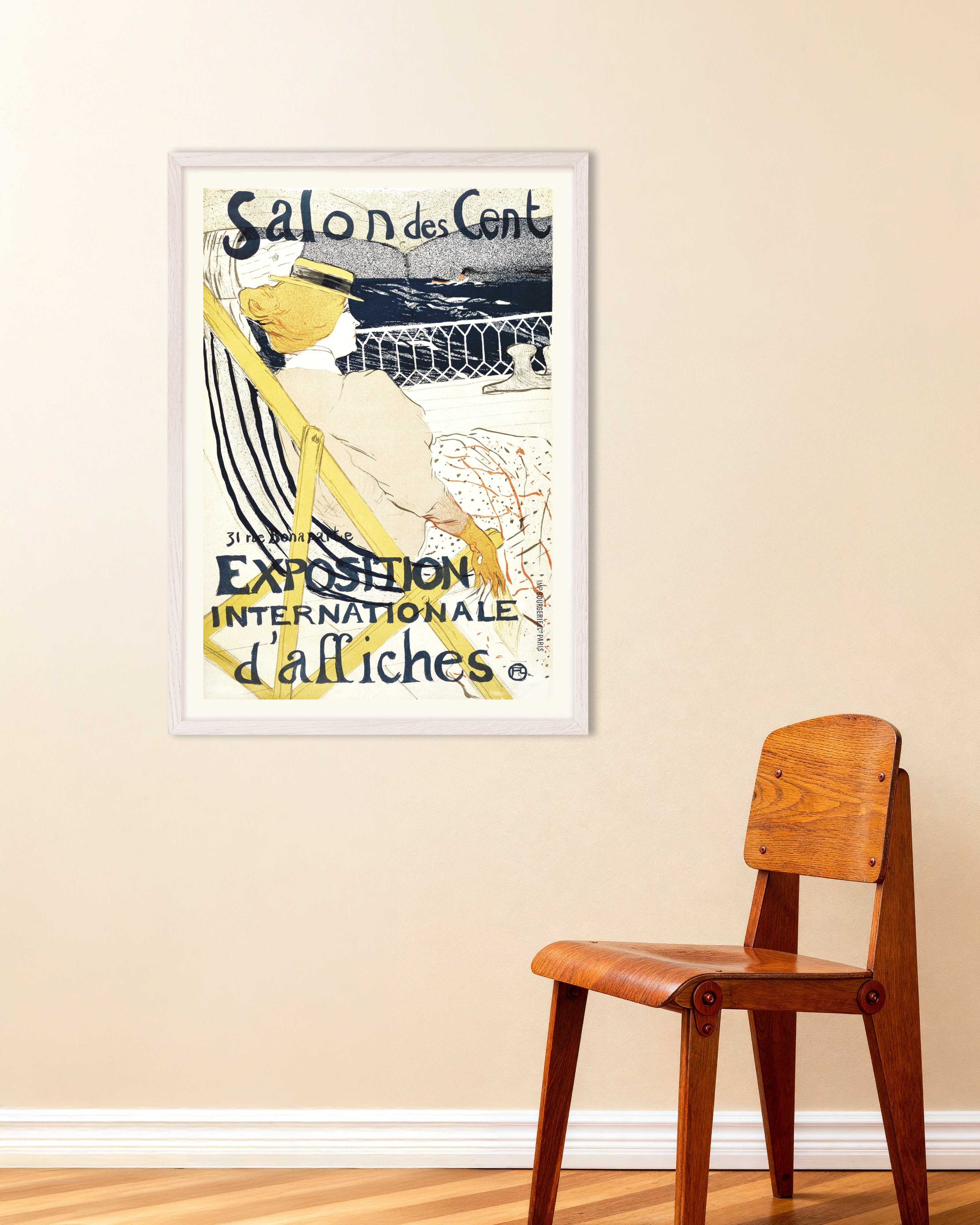 Poster of Salon des Cent, poster (1896) by Henri de Toulouse-Lautrec, with white wooden frame