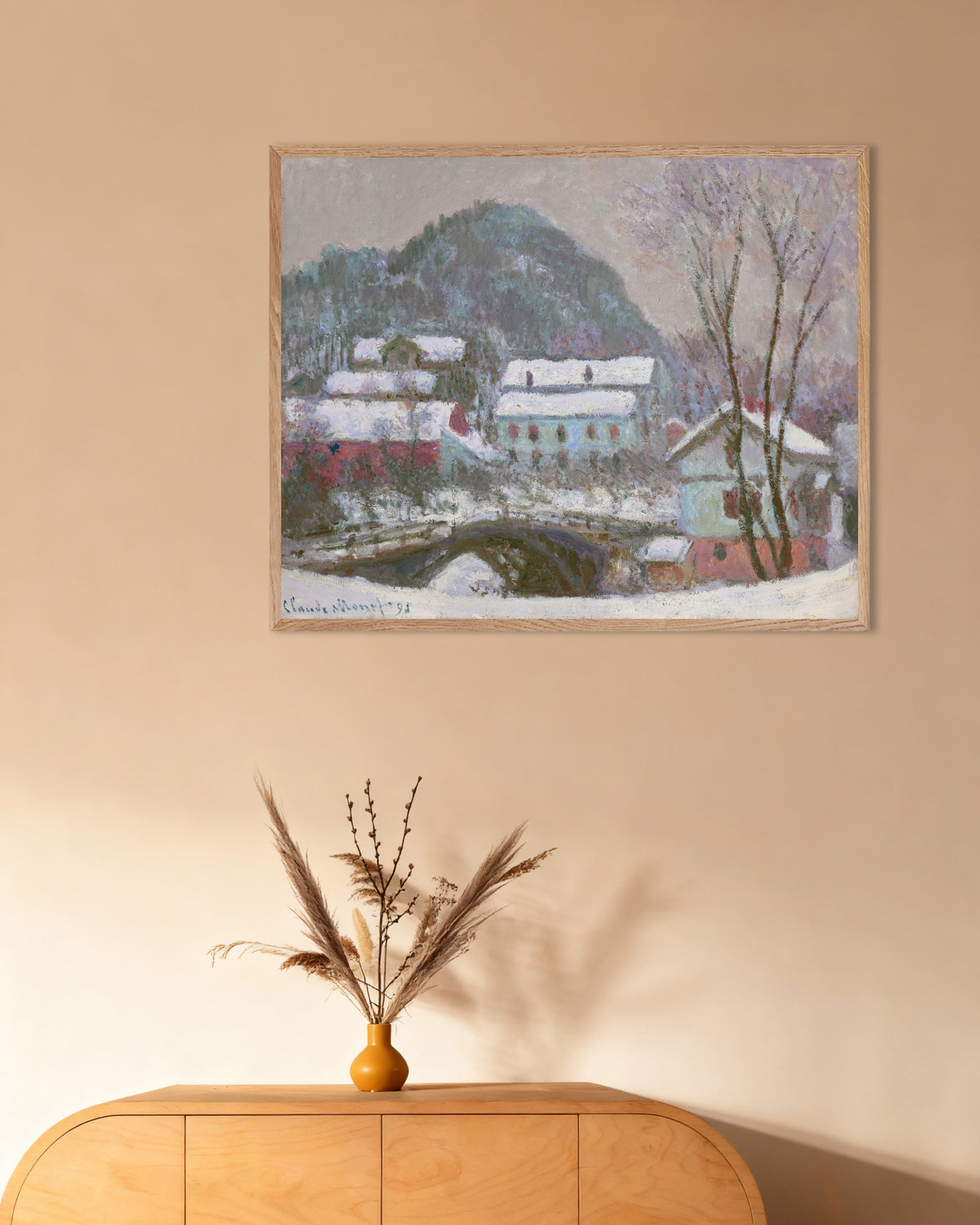 Poster Sandvika, Norwegen, Schneeeffekt (1895) von Claude Monet mit naturfarbenem Holzrahmen