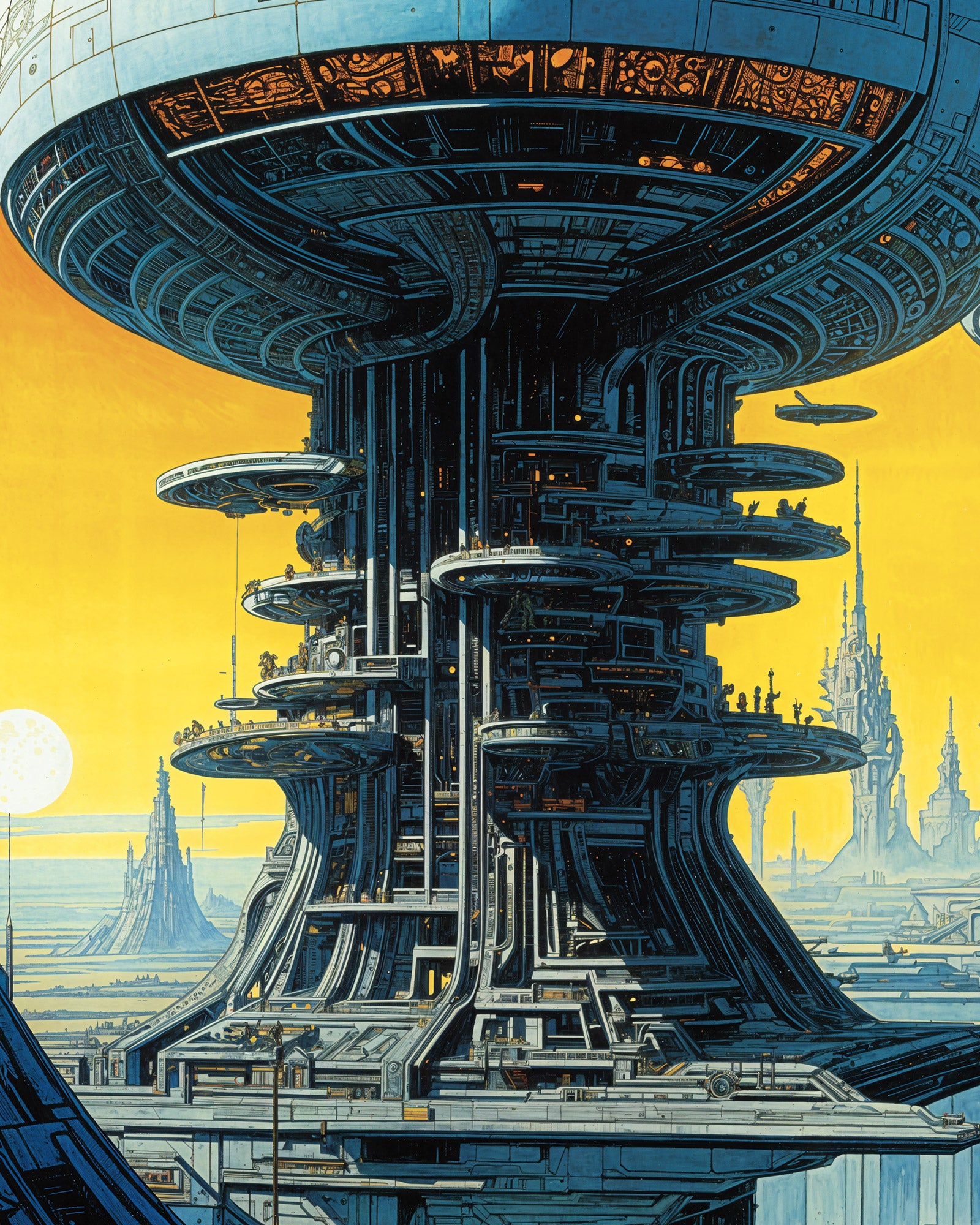 Futuristic cityscape with a large cylindrical building against a yellow sky.