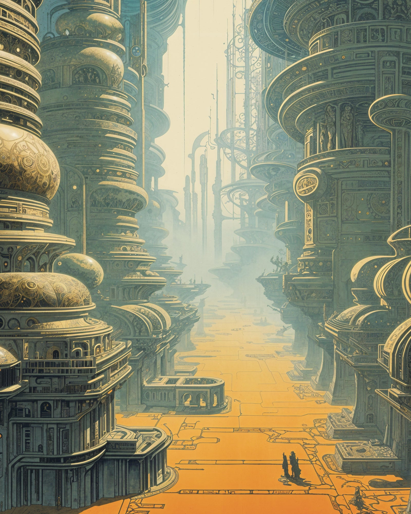 Futuristic cityscape with towering structures and a bright yellow pathway.