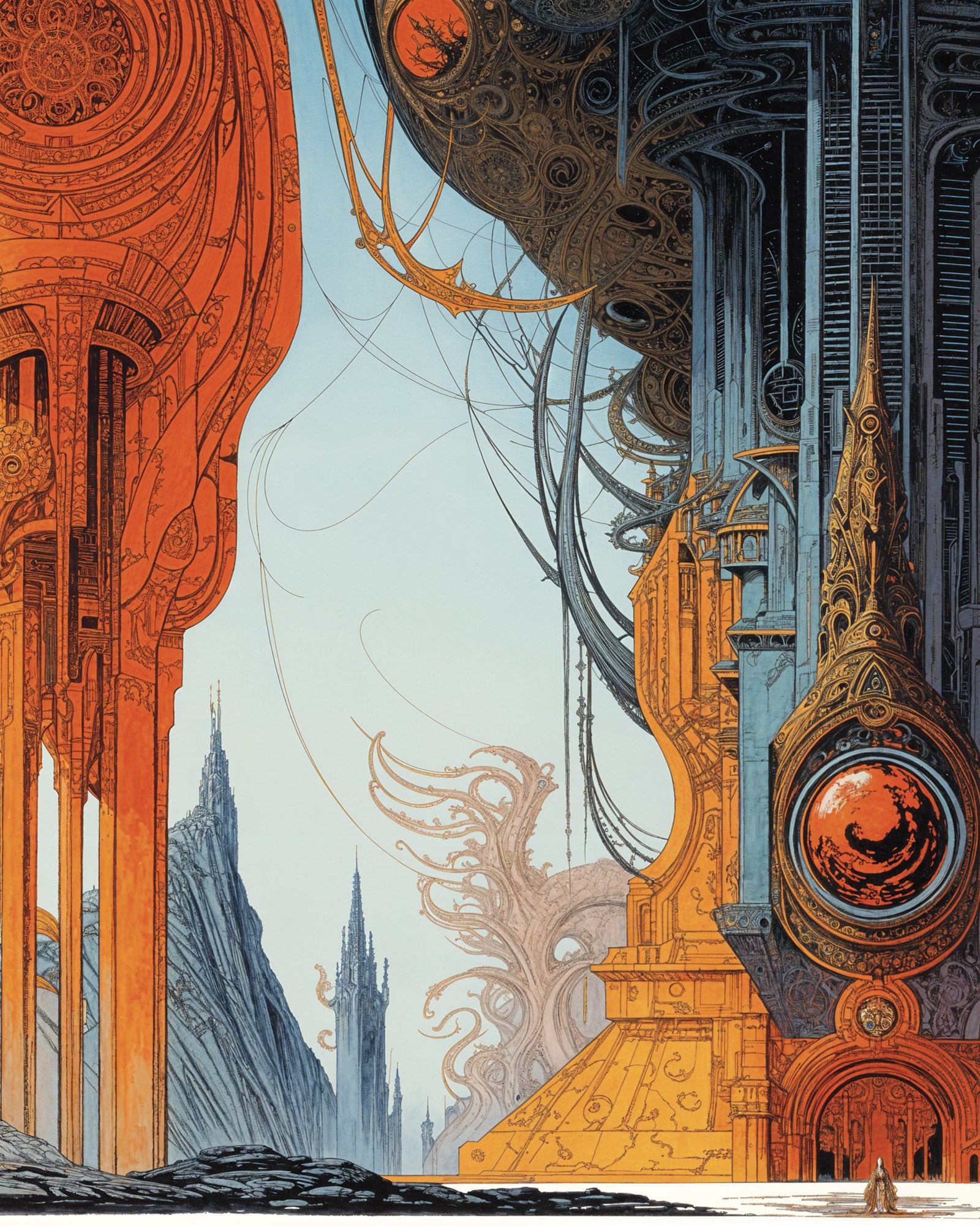 Detailed illustration of futuristic architecture with orange and blue tones.