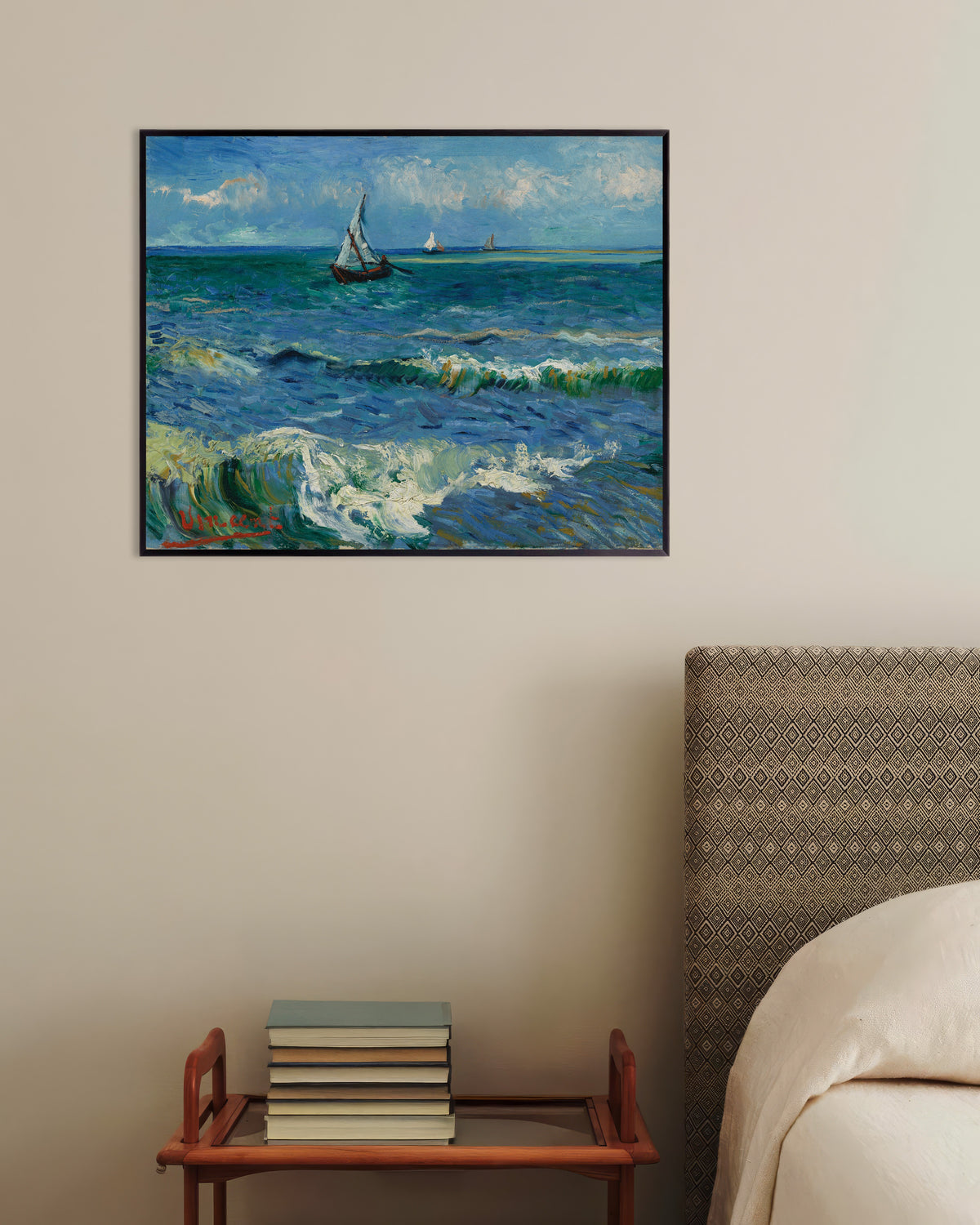 Poster mit Meereslandschaft bei Les Saintes-Maries-de-la-Mer (1888) von Vincent van Gogh, mit Metallrahmen