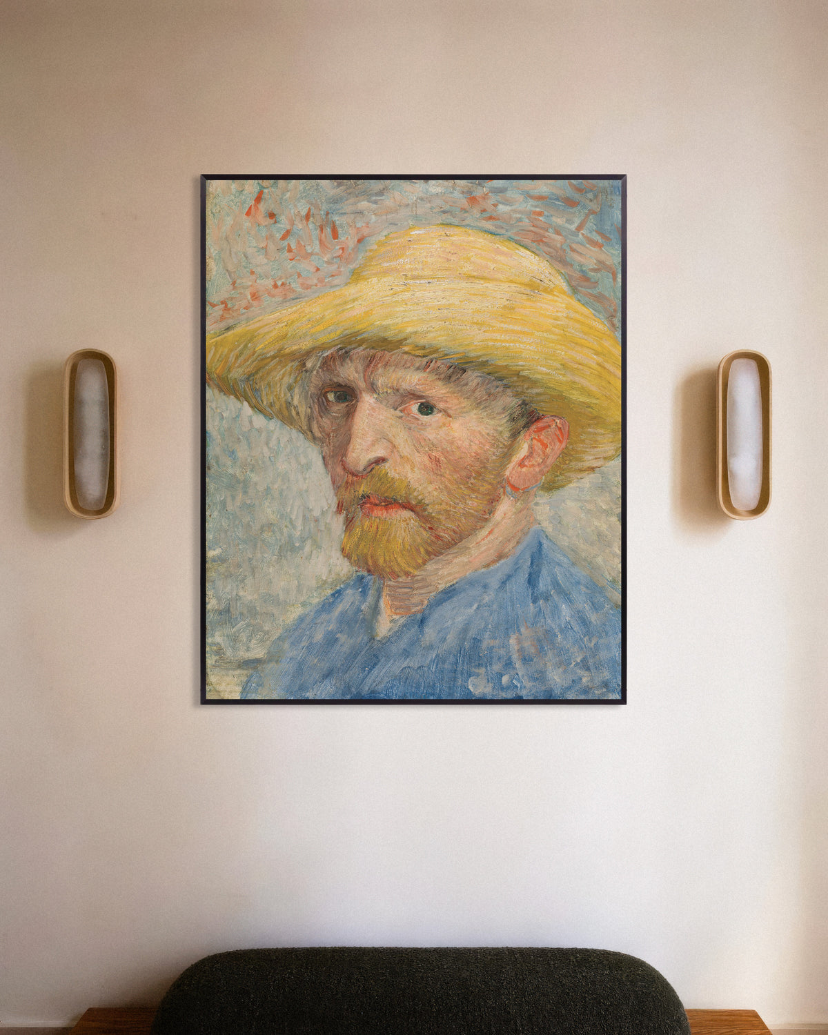 Poster Selbstporträt mit Strohhut und blauem Kittel (1887) von Vincent van Gogh, mit Metallrahmen