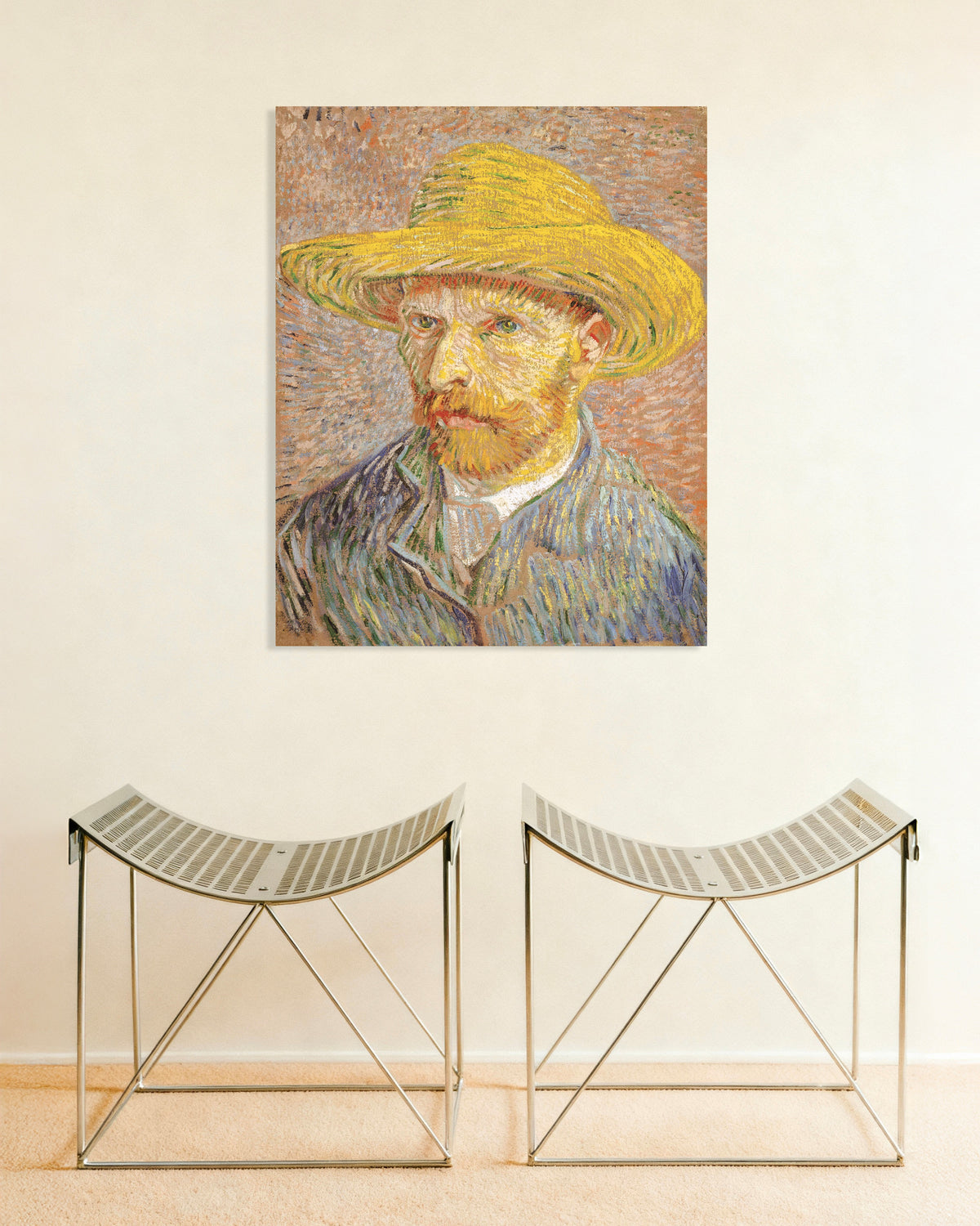 Poster von Selbstporträt mit Strohhut vor orangefarbenem Hintergrund (1887) von Vincent van Gogh