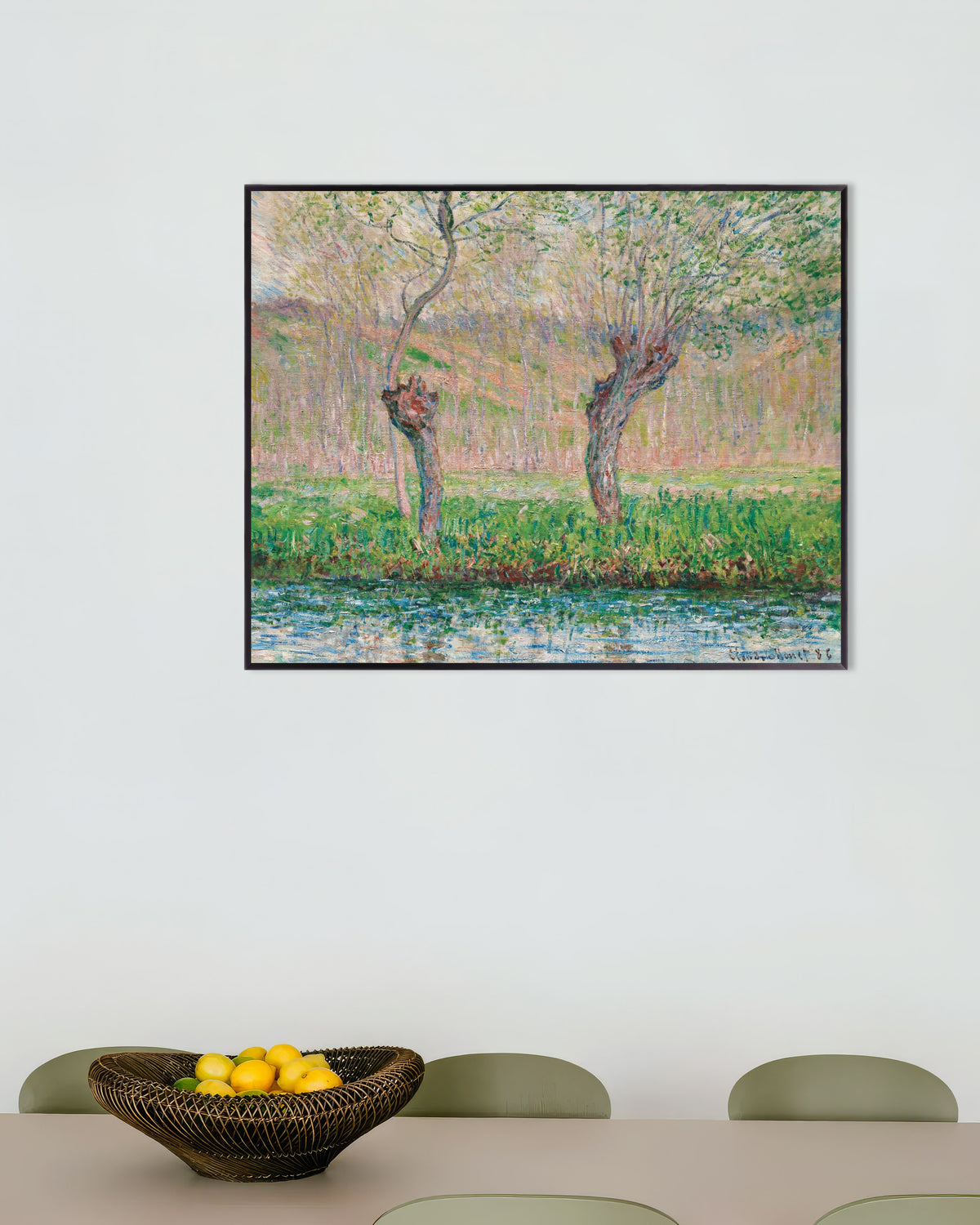 Poster Frühling, Weiden (1885) von Claude Monet mit Metallrahmen
