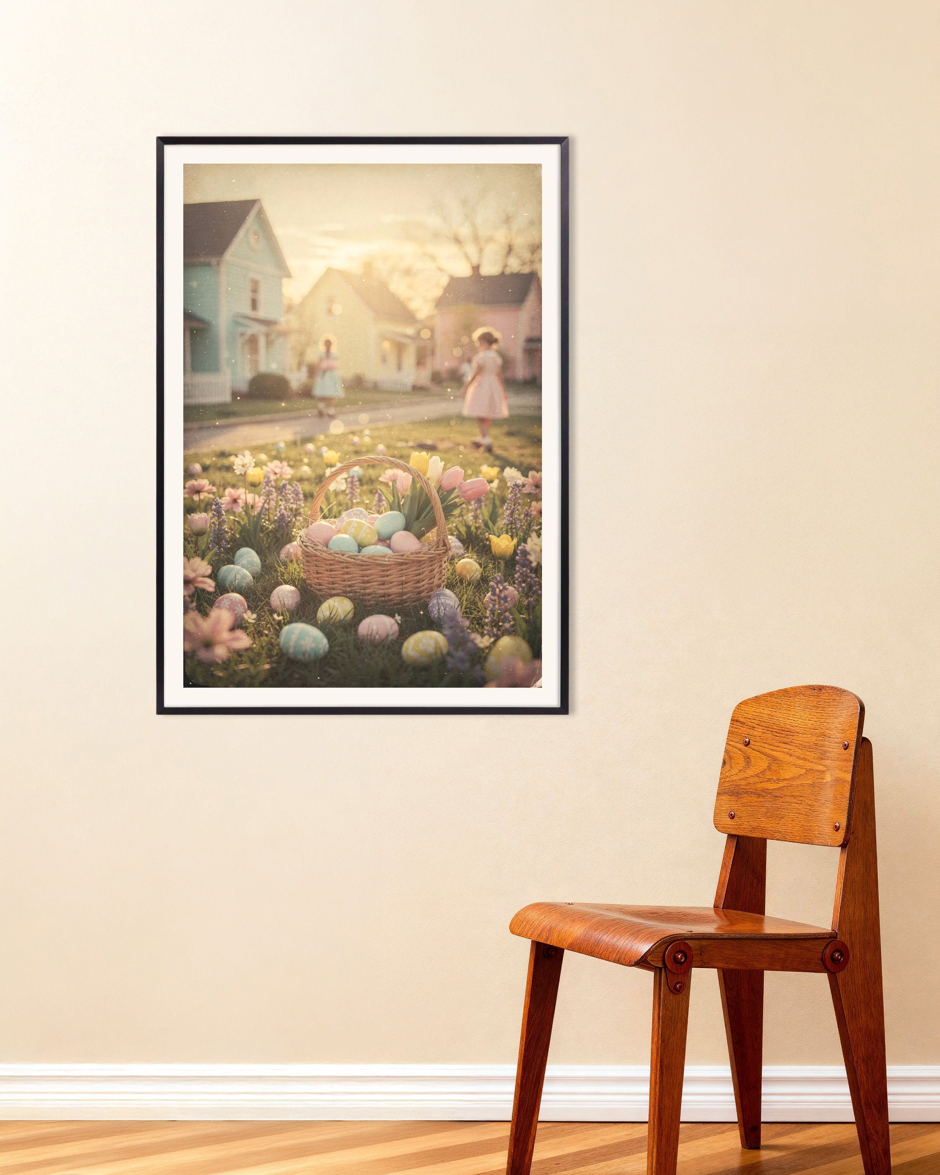Poster of Sunlit Easter Basket in Spring Blossoms, with metal frame