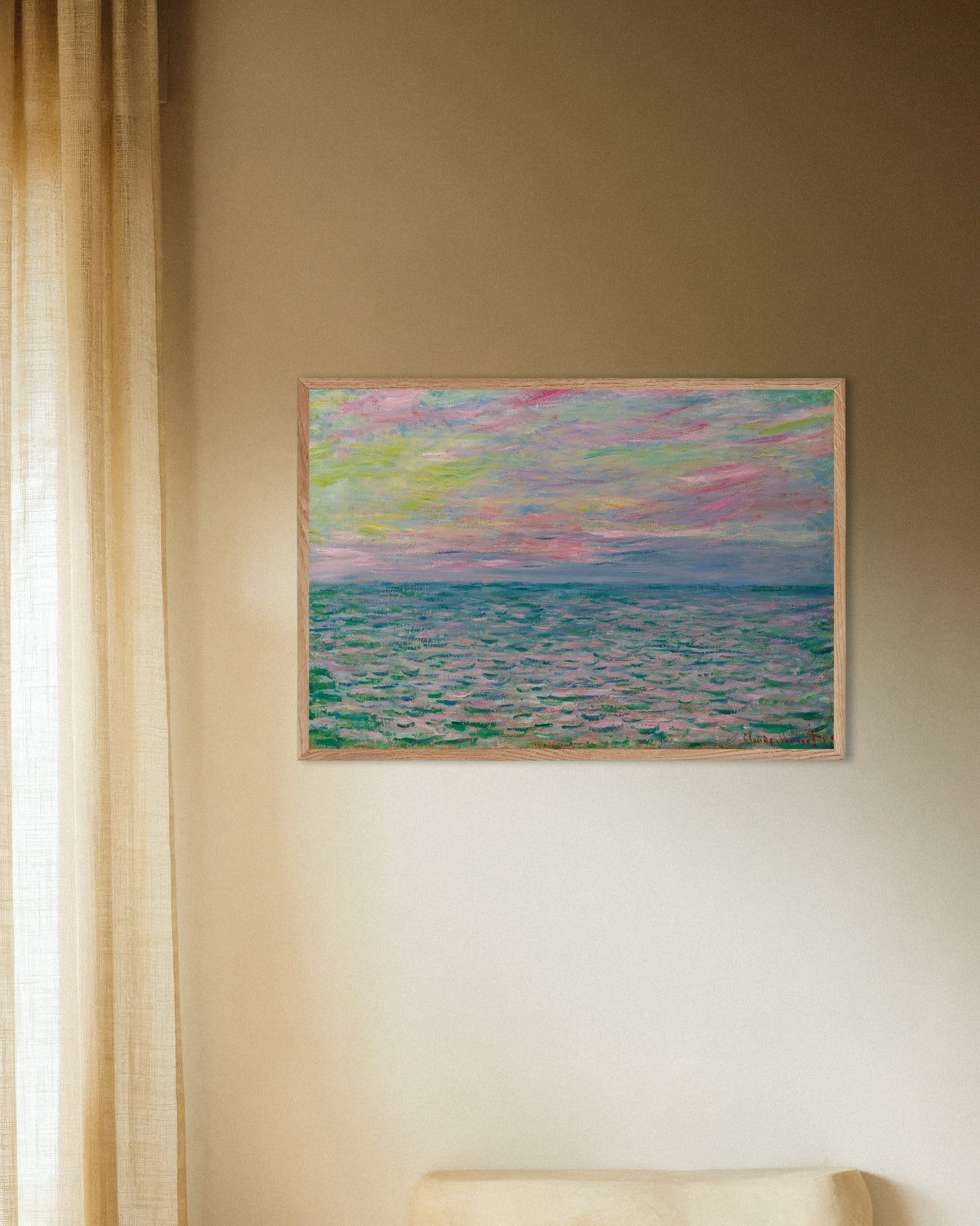 Poster Sonnenuntergang bei Pourville, offenes Meer (1882) von Claude Monet mit naturfarbenem Holzrahmen