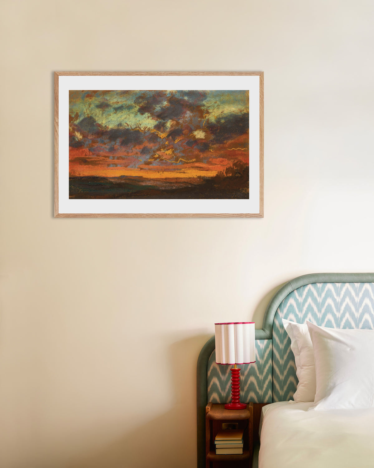 Poster Sonnenuntergang (um 1868) von Claude Monet mit naturfarbenem Holzrahmen
