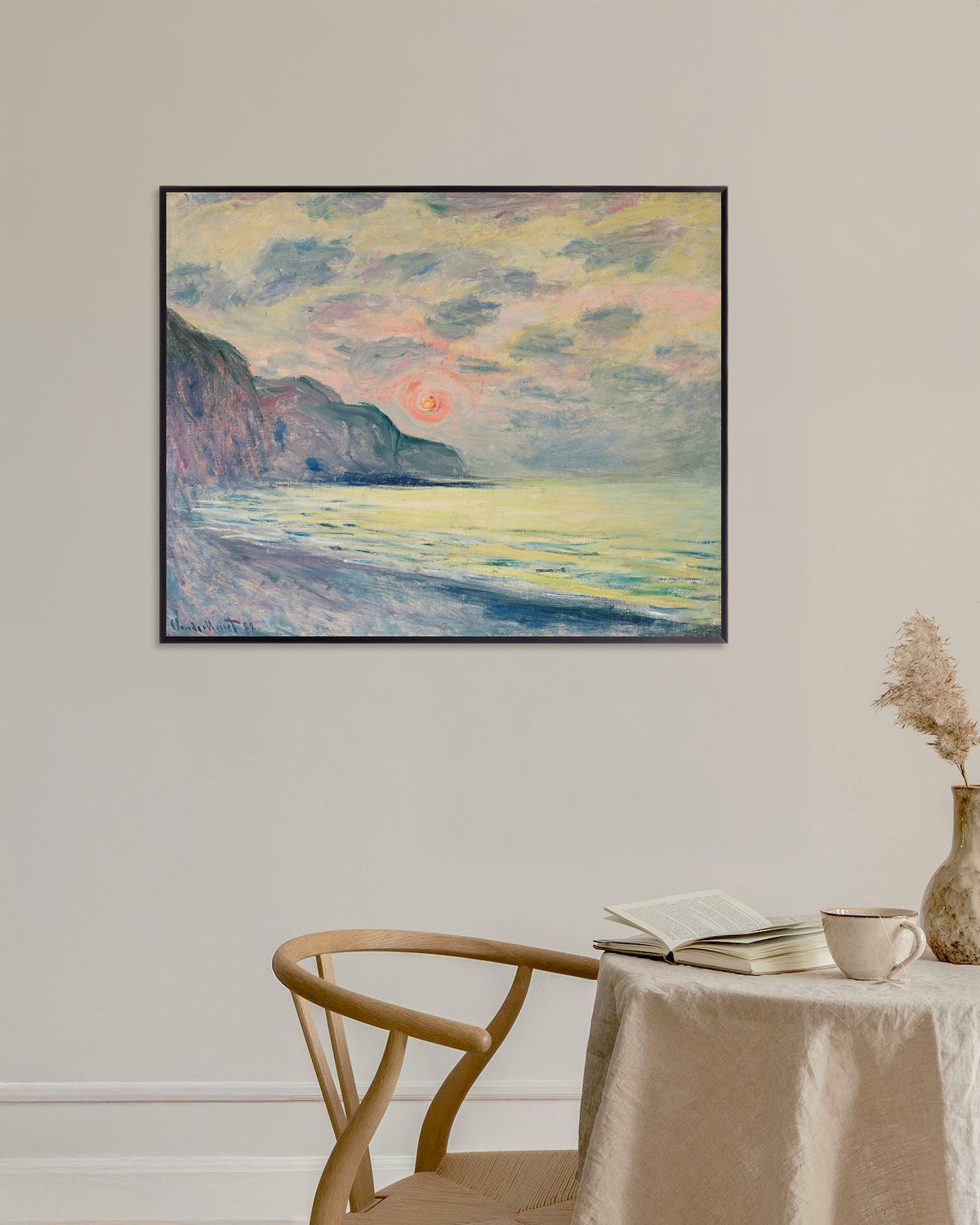 Poster Sonnenuntergang bei Nebel, Pourville (1882) von Claude Monet mit Metallrahmen