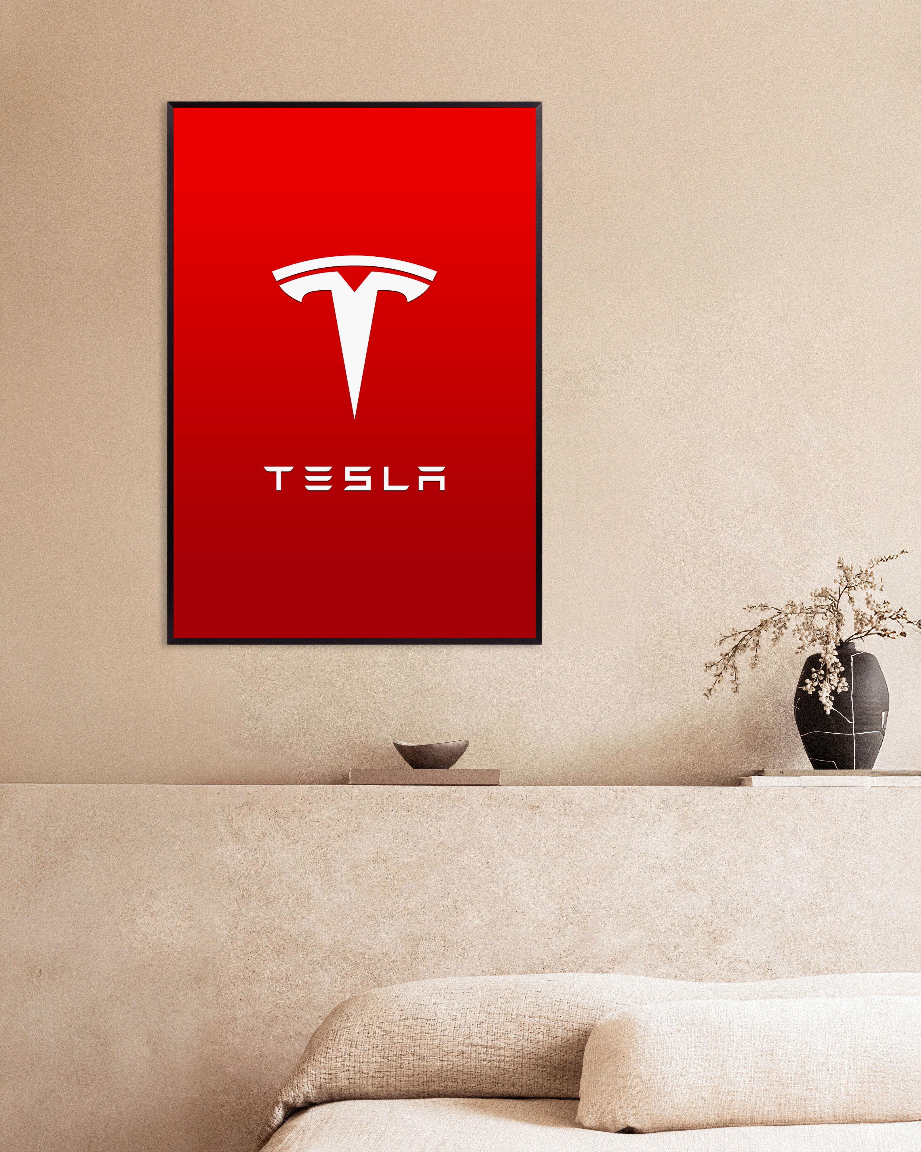 Poster of Tesla logo, with metal frame