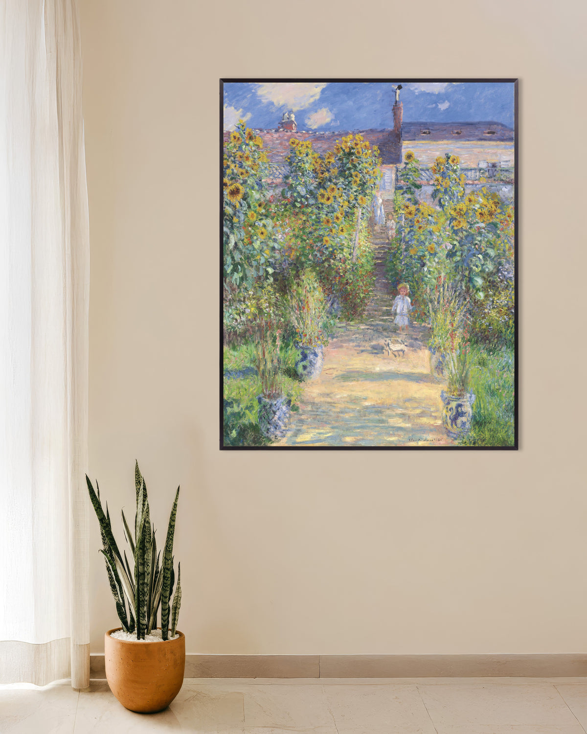Poster Der Garten des Künstlers in Vétheuil (1881) von Claude Monet mit Metallrahmen