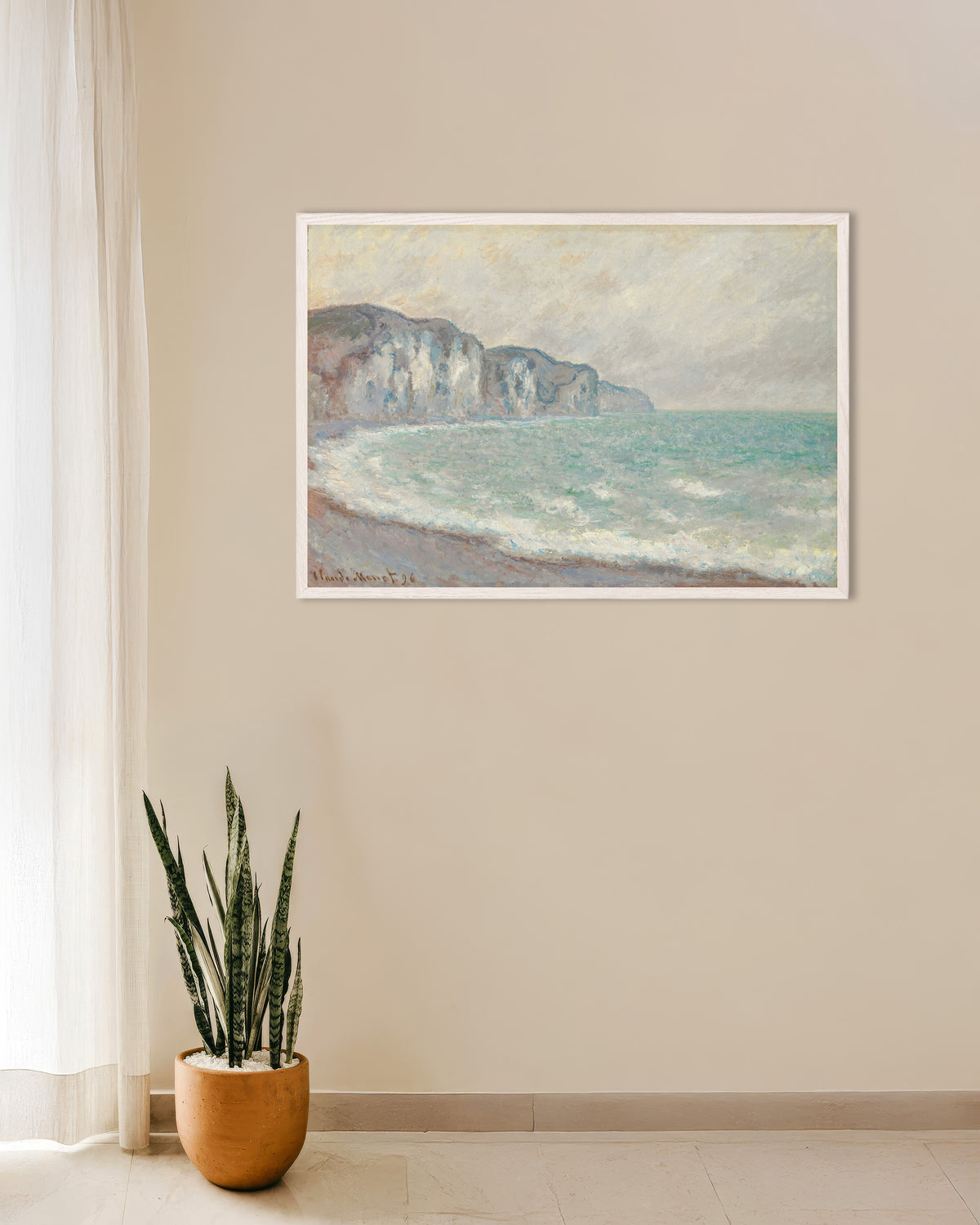 Poster Die Klippe bei Pourville (1896) von Claude Monet mit weißem Holzrahmen
